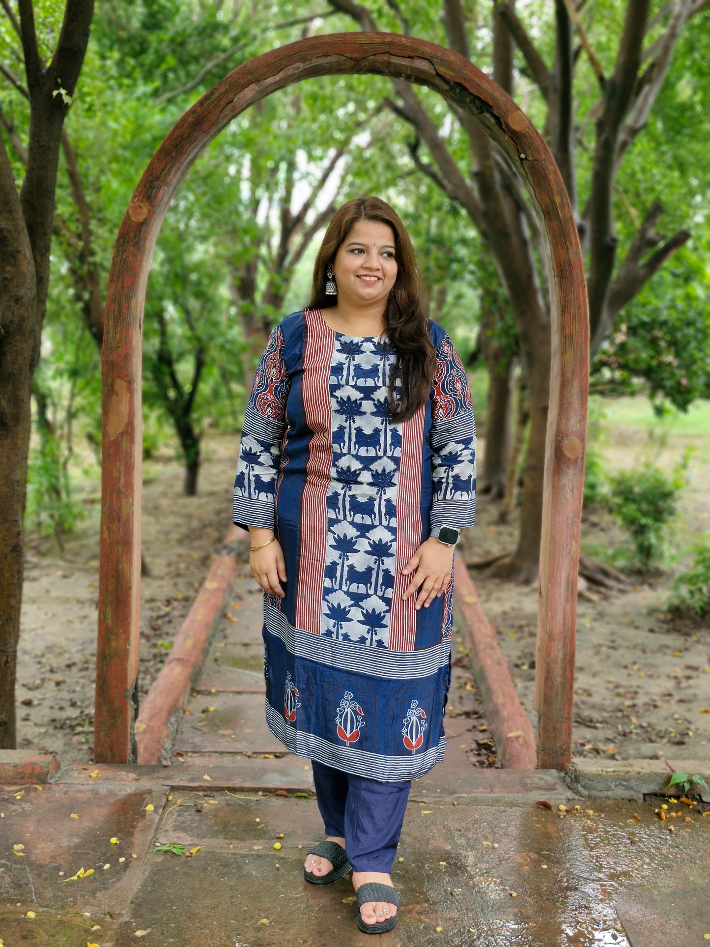 Indigo Handblock Print Modal Silk Three-Piece Suit