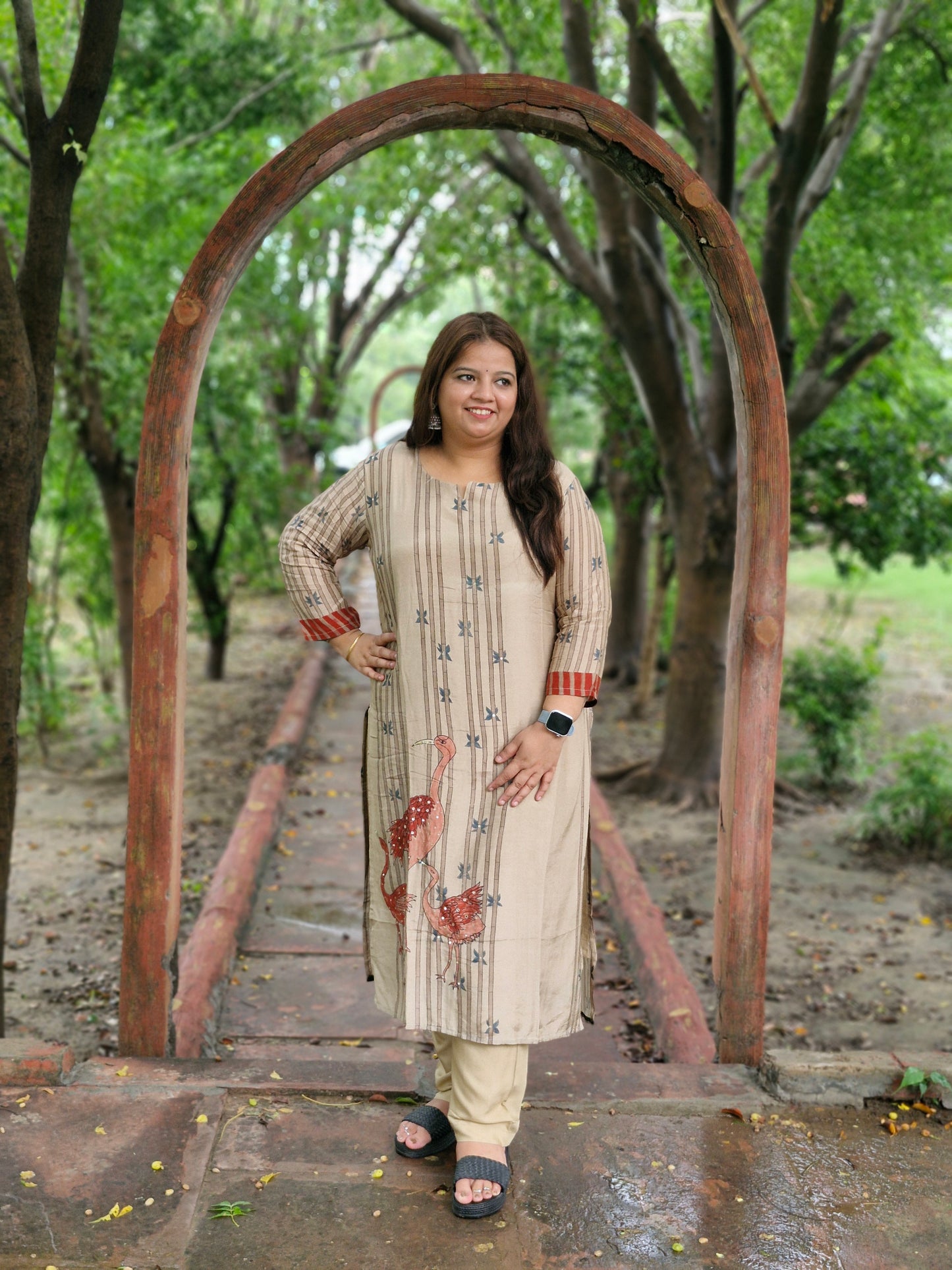 Beige Floral Soft Silk Three-Piece Suit with Stone Work