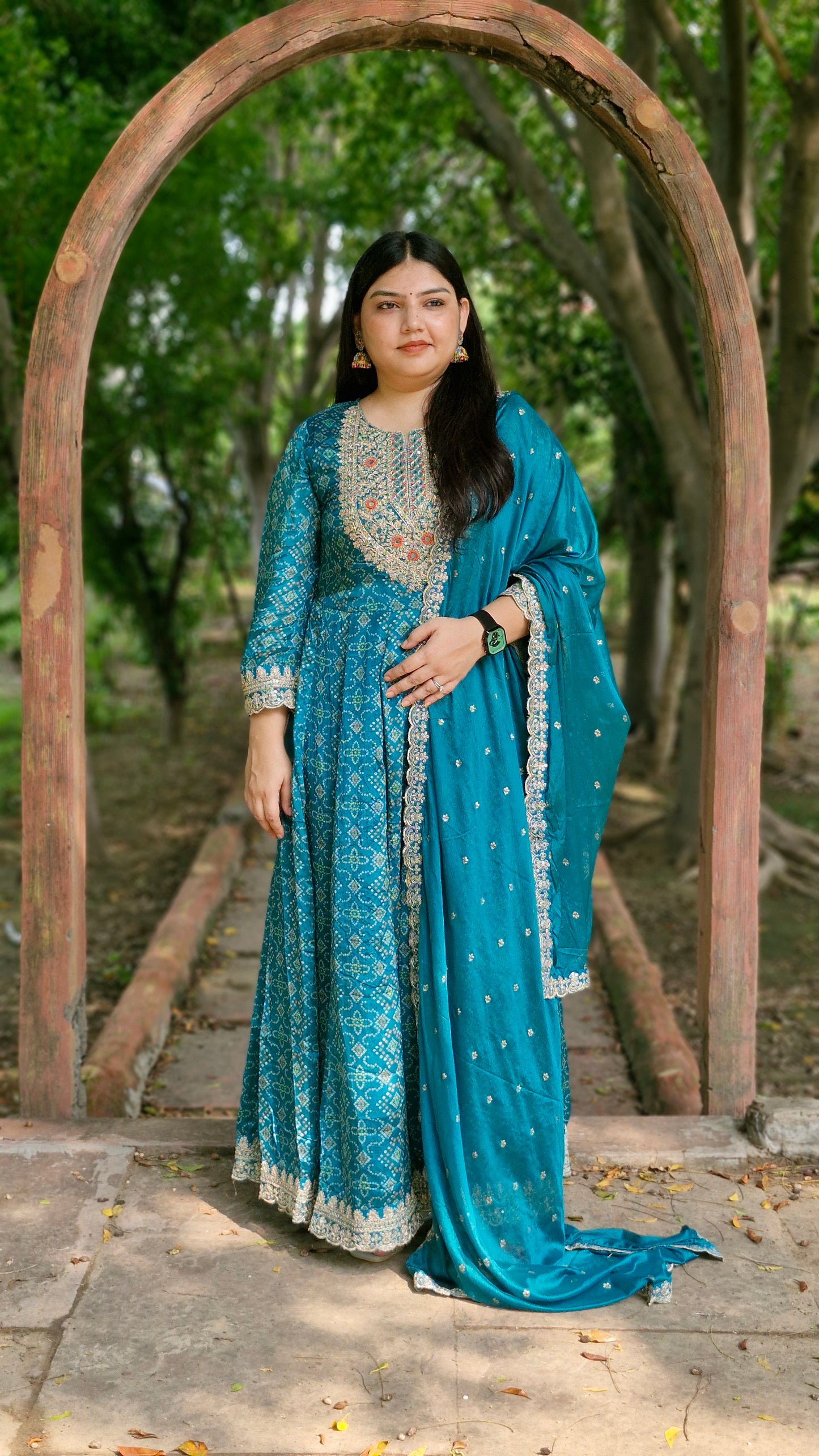 Teal Blue Bandhani Print Anarkali Suit – Three Piece Premium Set