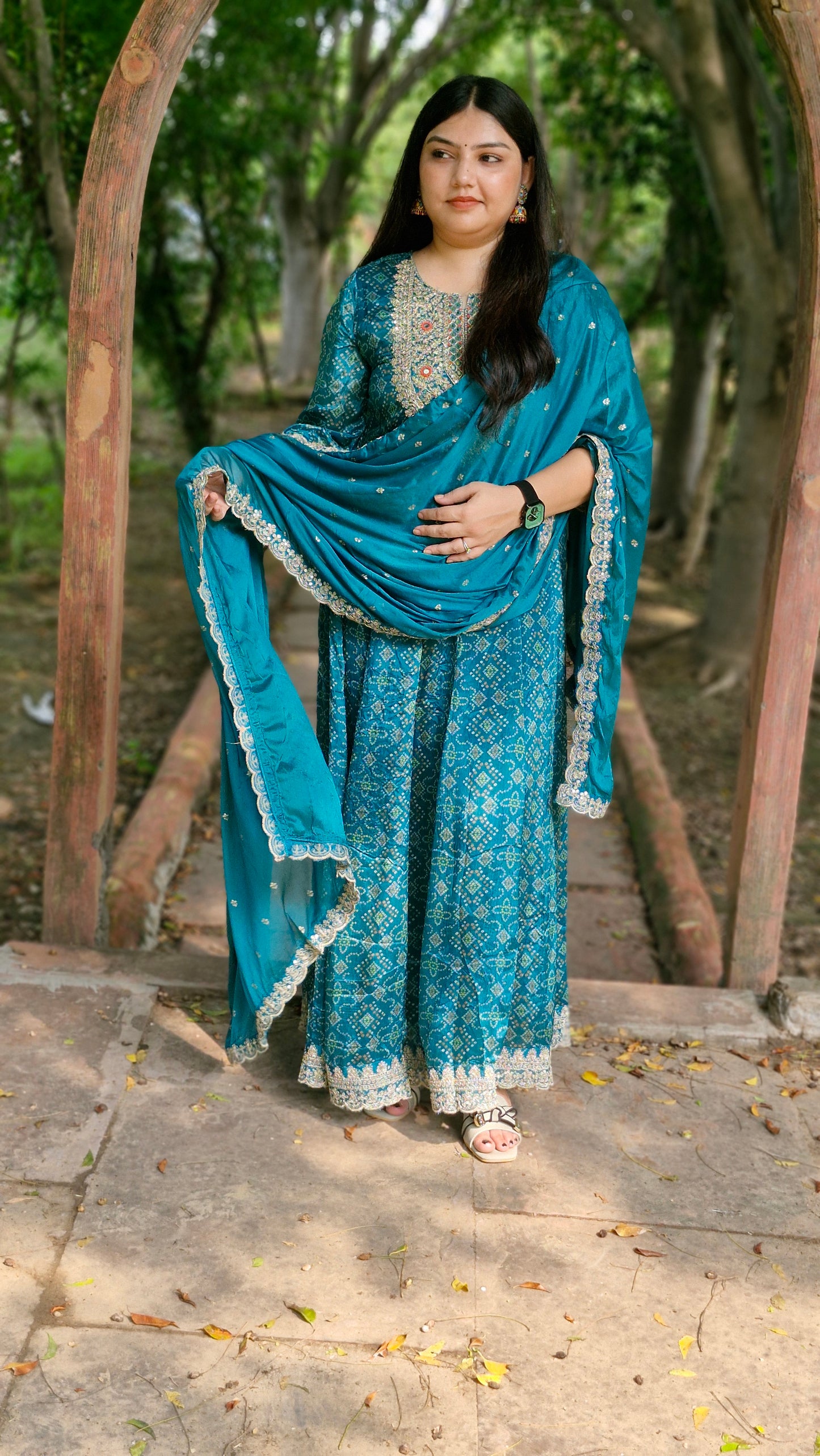 Teal Blue Bandhani Print Anarkali Suit – Three Piece Premium Set