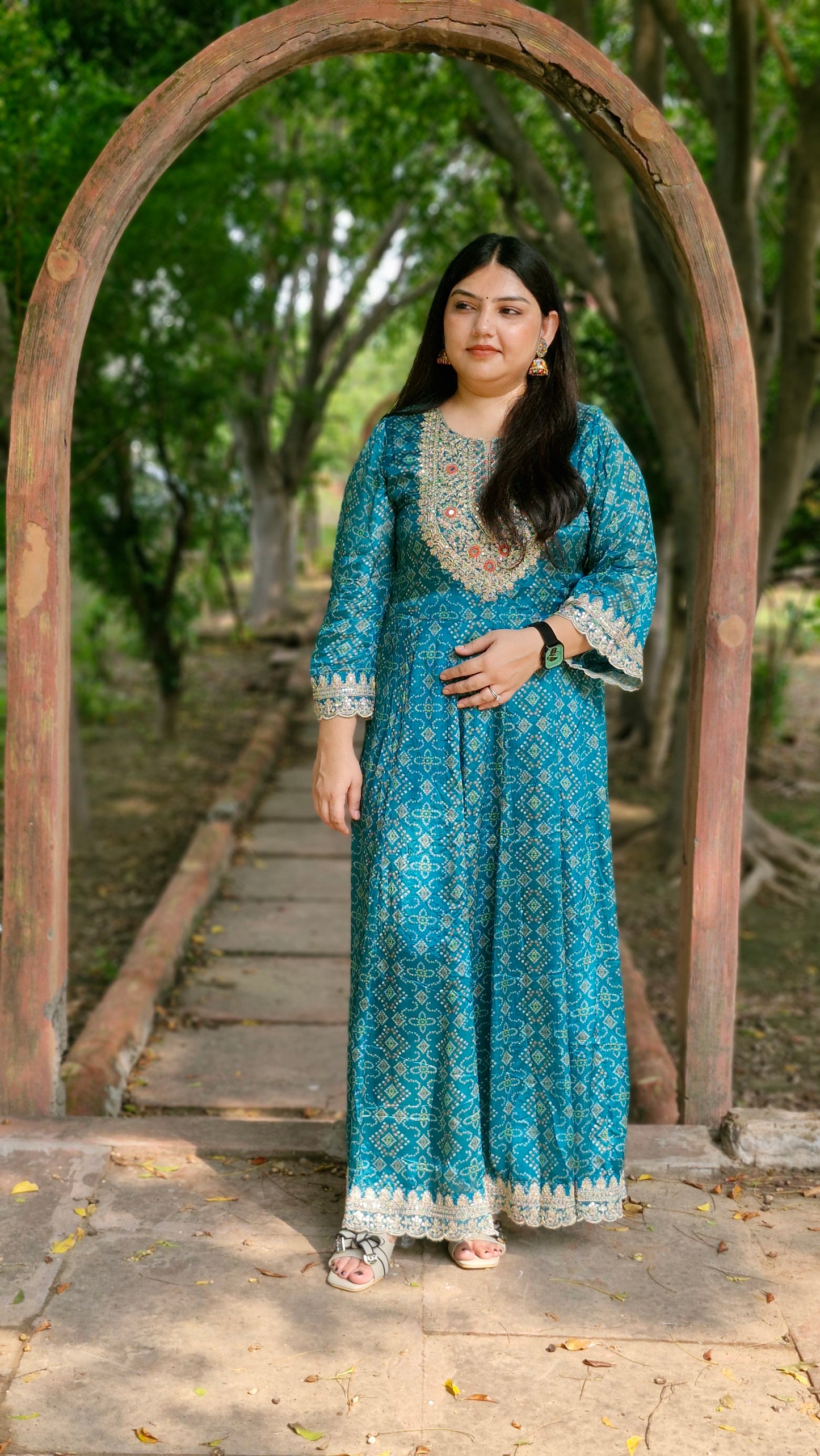 Teal Blue Bandhani Print Anarkali Suit – Three Piece Premium Set