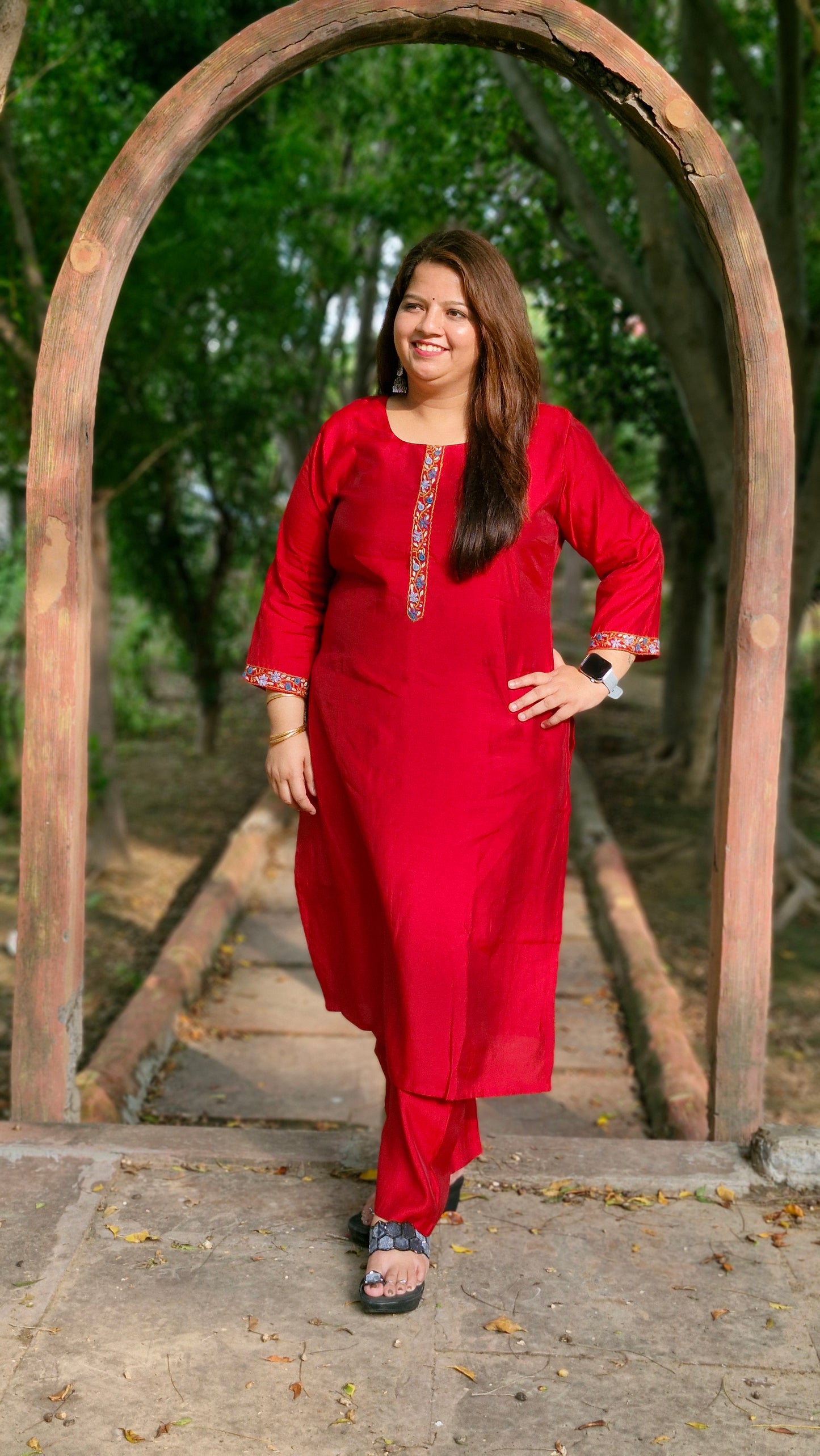 Crimson Bloom Cotton Silk Three-Piece Suit Set