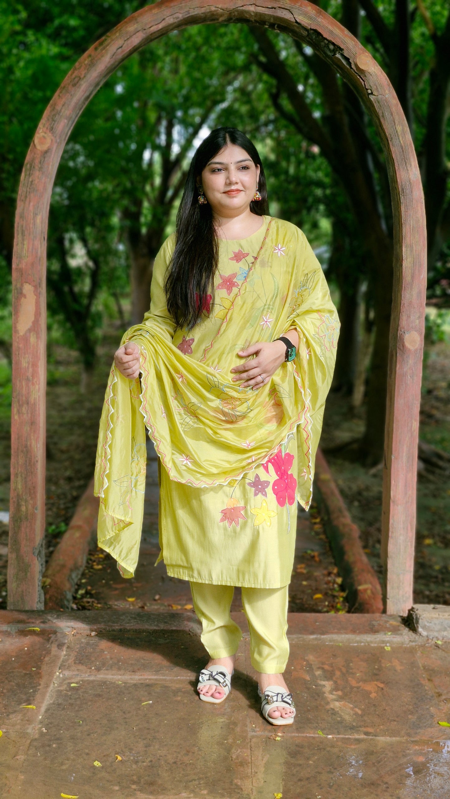 Lime Bloom Embroidered Three-Piece Dola Silk Suit Set