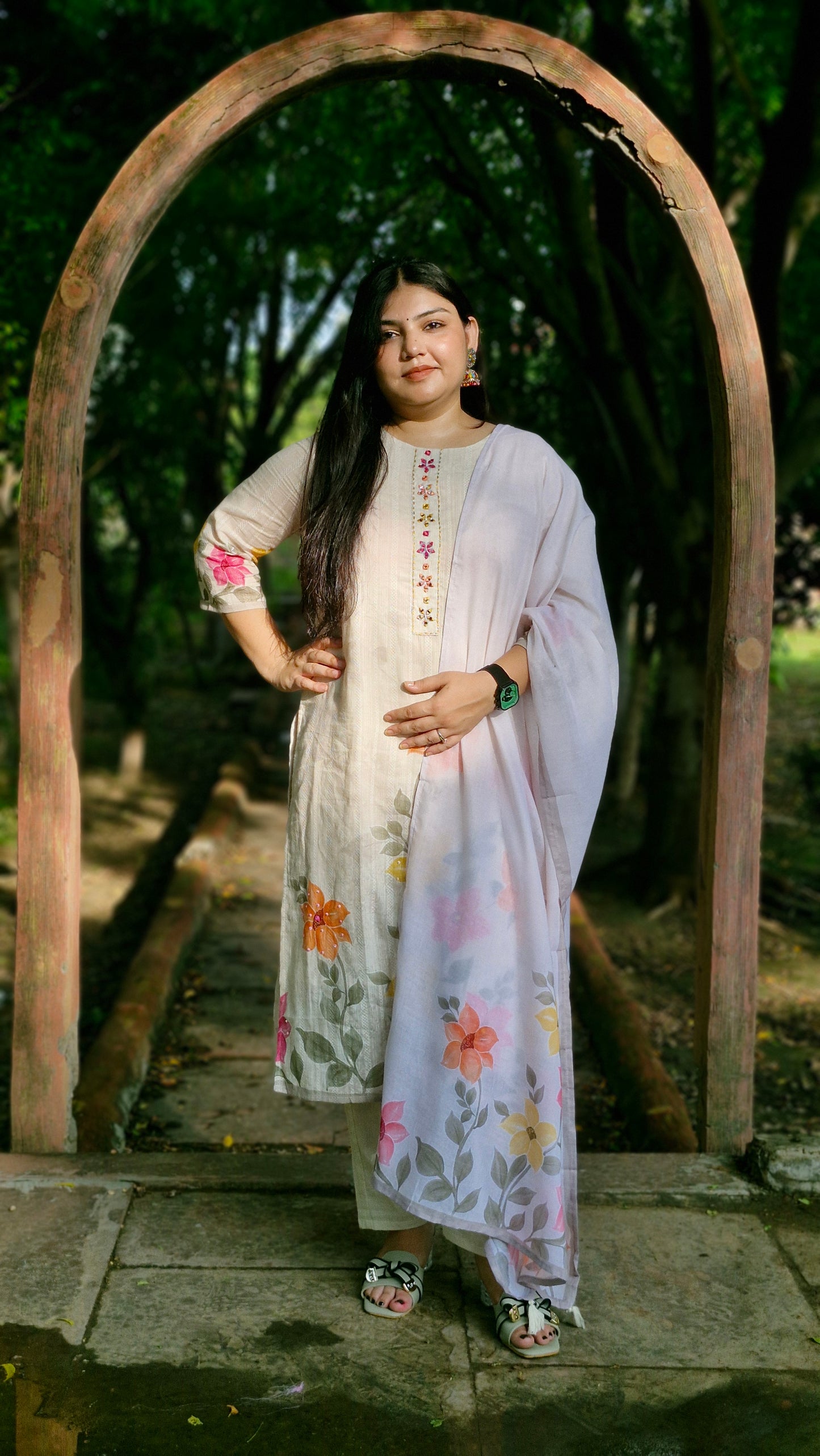 Petal Haze – Ivory Cotton Three-Piece Suit Set