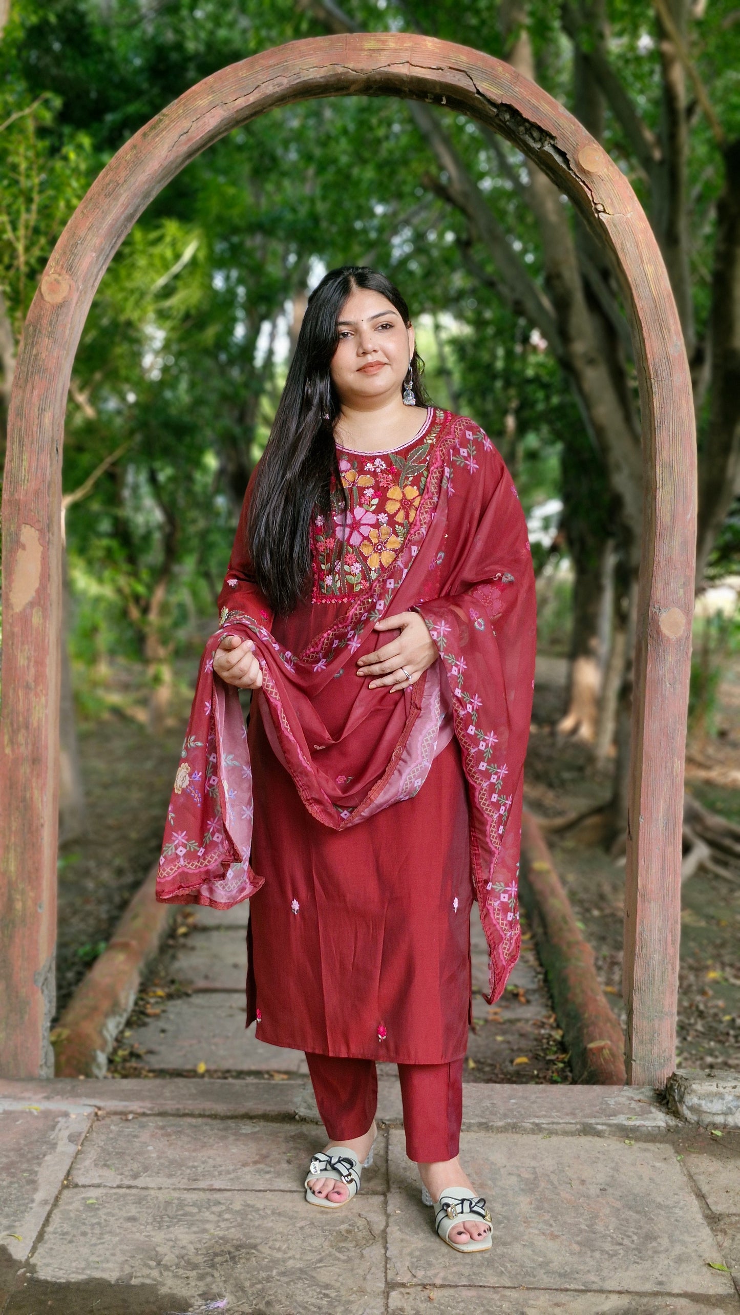 Mahogany Charm – Cotton Silk Three-Piece Suit Set