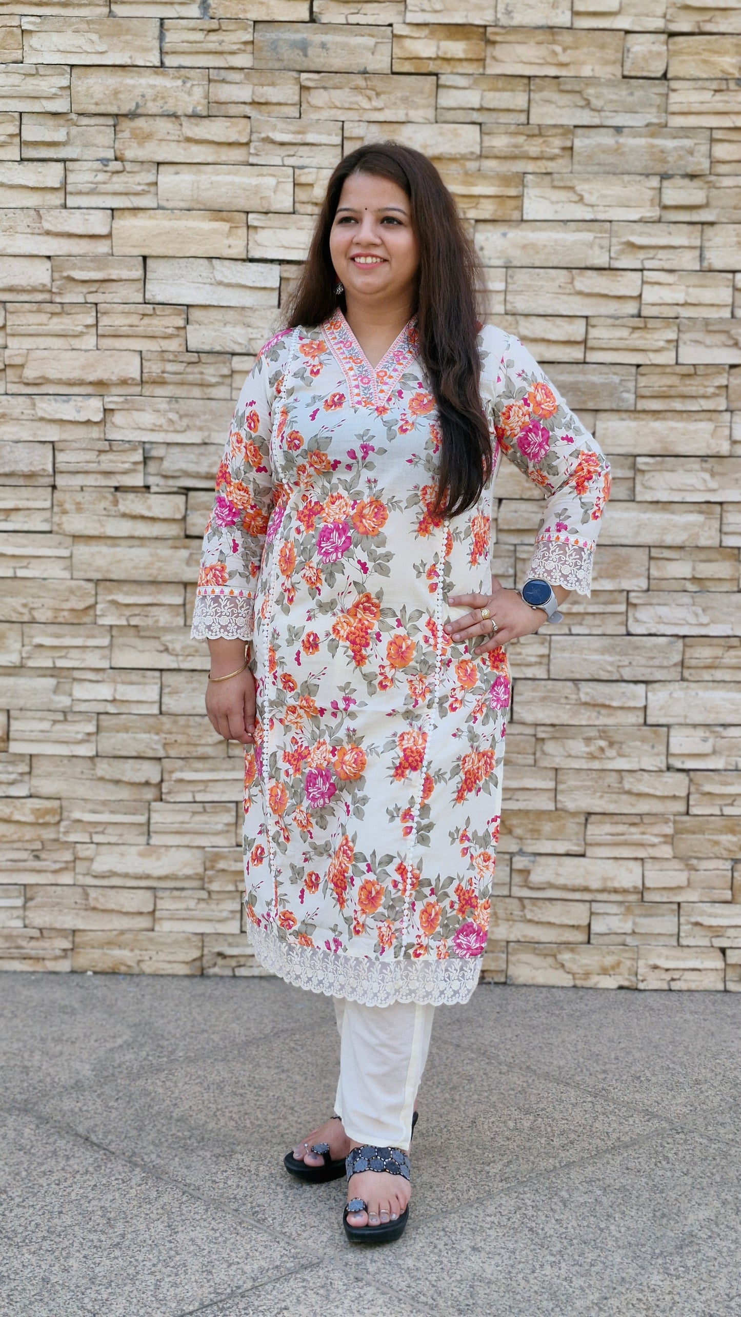 Vibrant Peach & Orange Floral Printed Suit