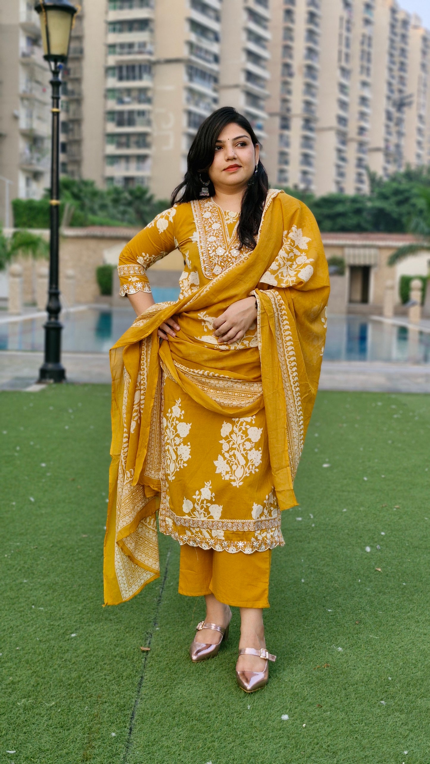 Mustard Yellow Elegance Embroidered Cotton Suit Set