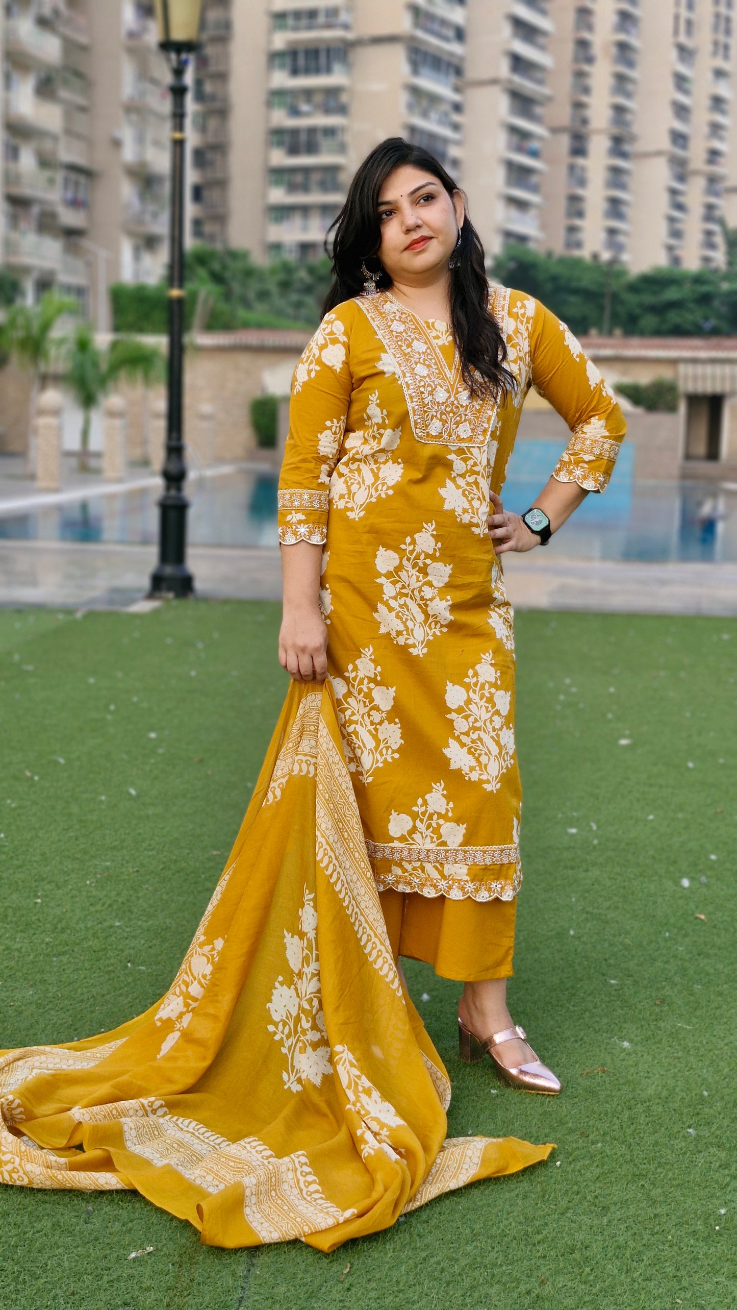 Mustard Yellow Elegance Embroidered Cotton Suit Set