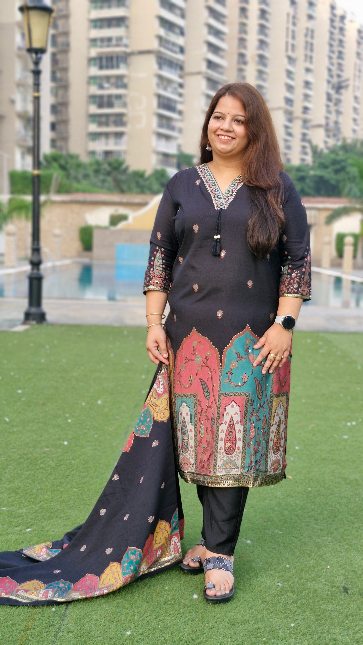 Regal Black Printed Kurta Set with Designer Dupatta