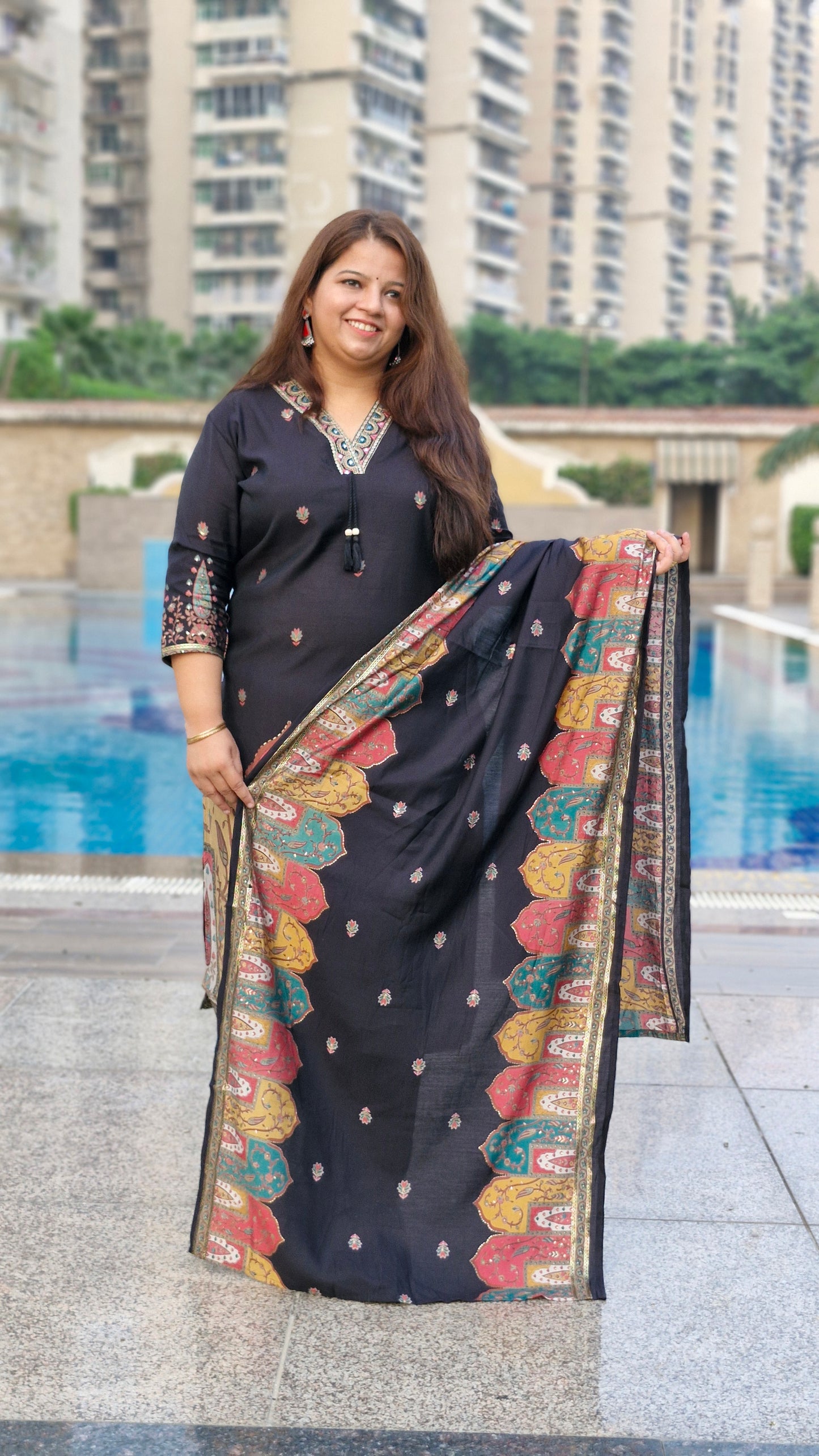 Regal Black Printed Kurta Set with Designer Dupatta