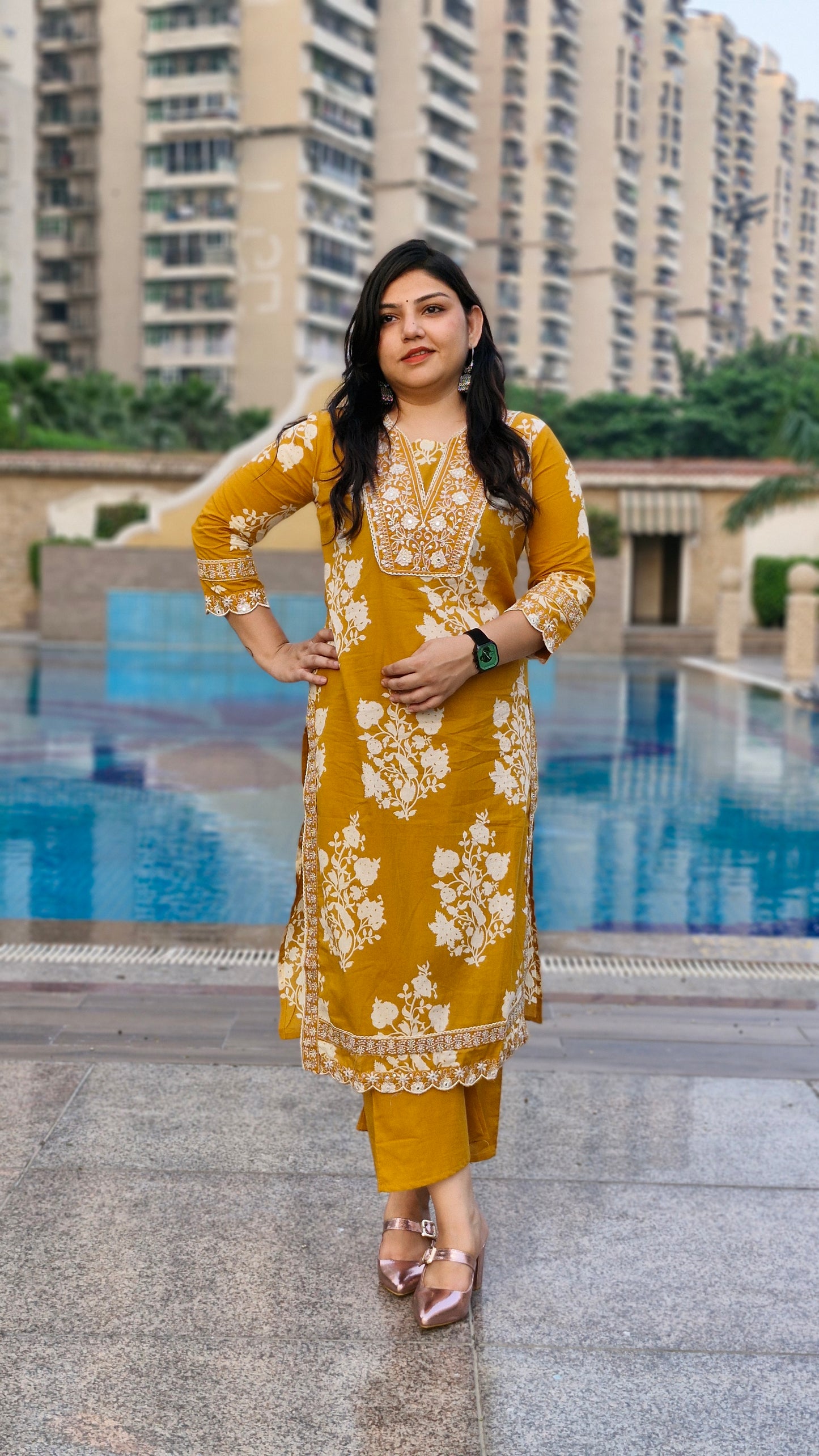 Mustard Yellow Elegance Embroidered Cotton Suit Set