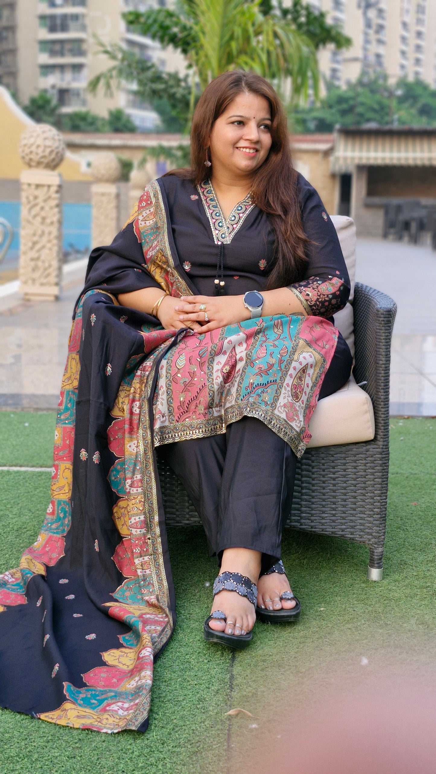Regal Black Printed Kurta Set with Designer Dupatta