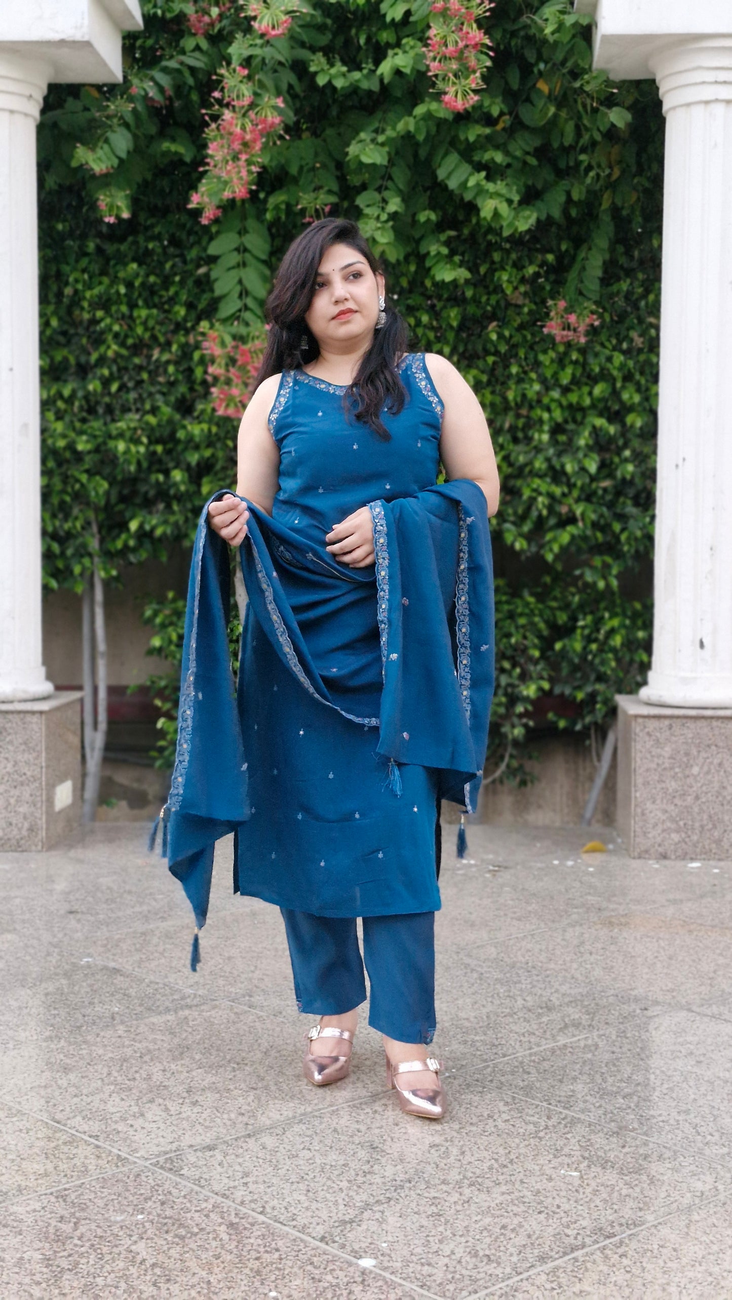 Teal Blue Embellished Kurta Set with Dupatta