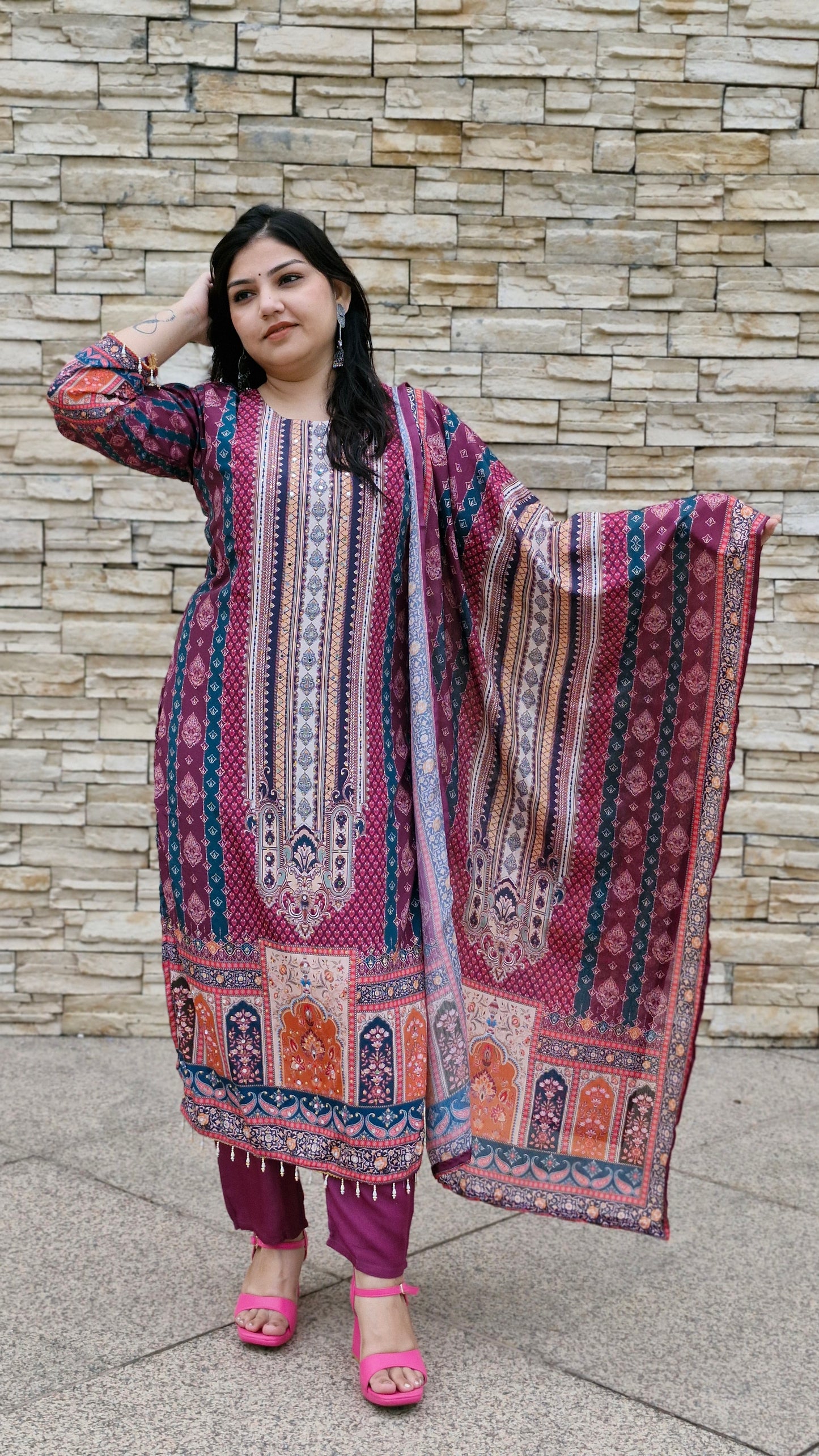Magenta Multi-Print Dola Silk Suit Set