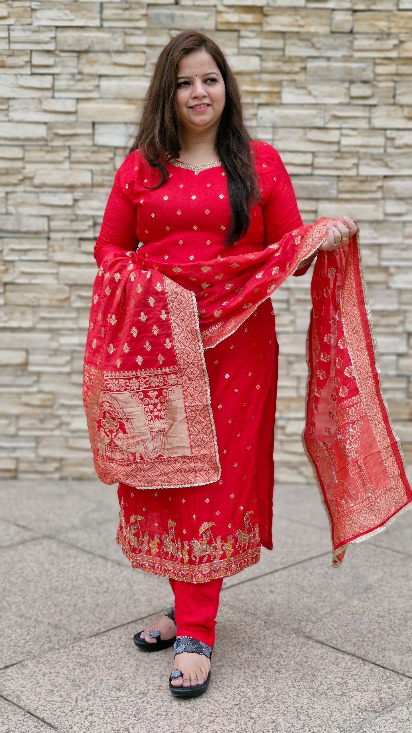 Scarlet Regalia: Embroidered Silk Suit Set