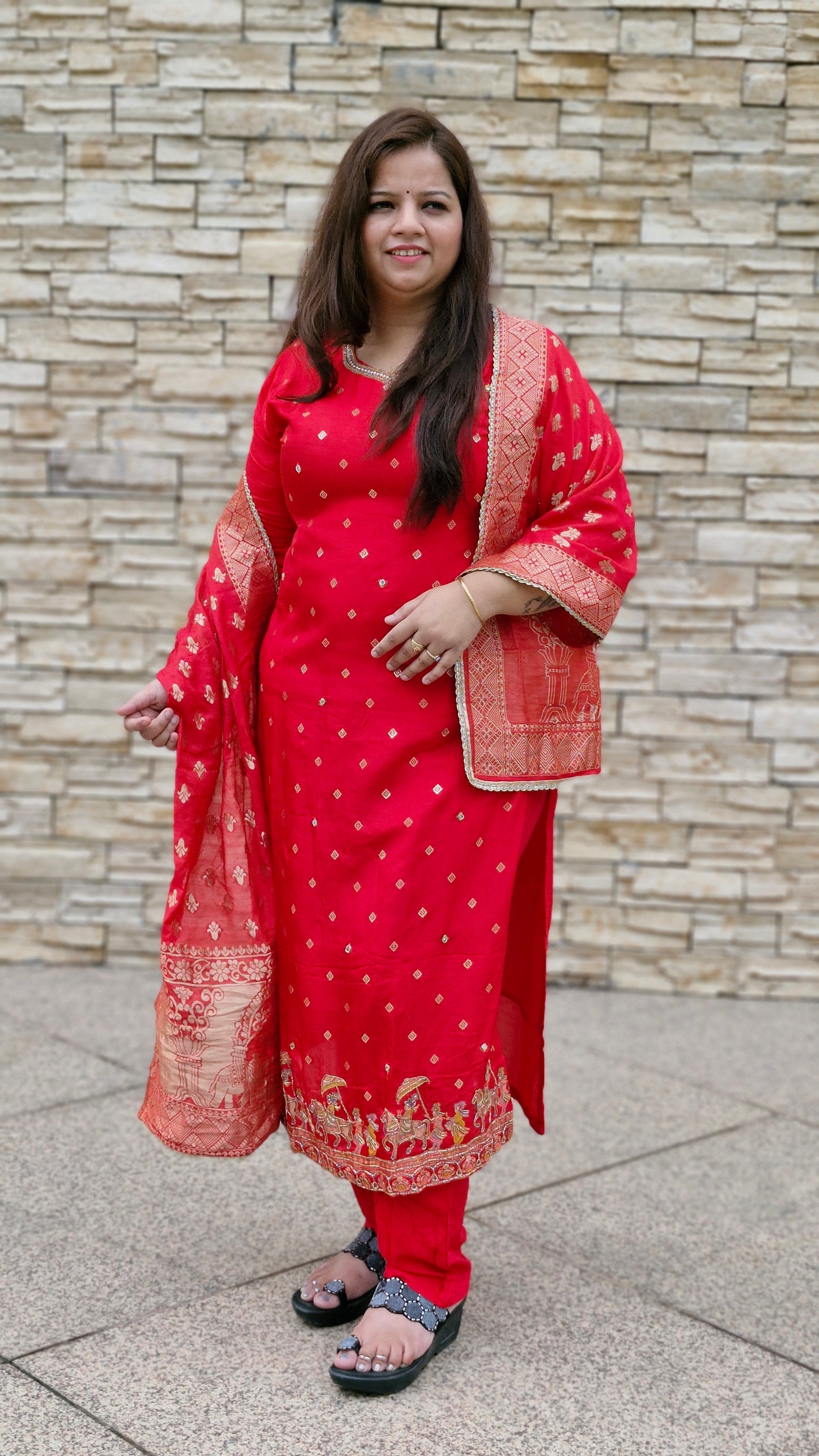 Scarlet Regalia: Embroidered Silk Suit Set