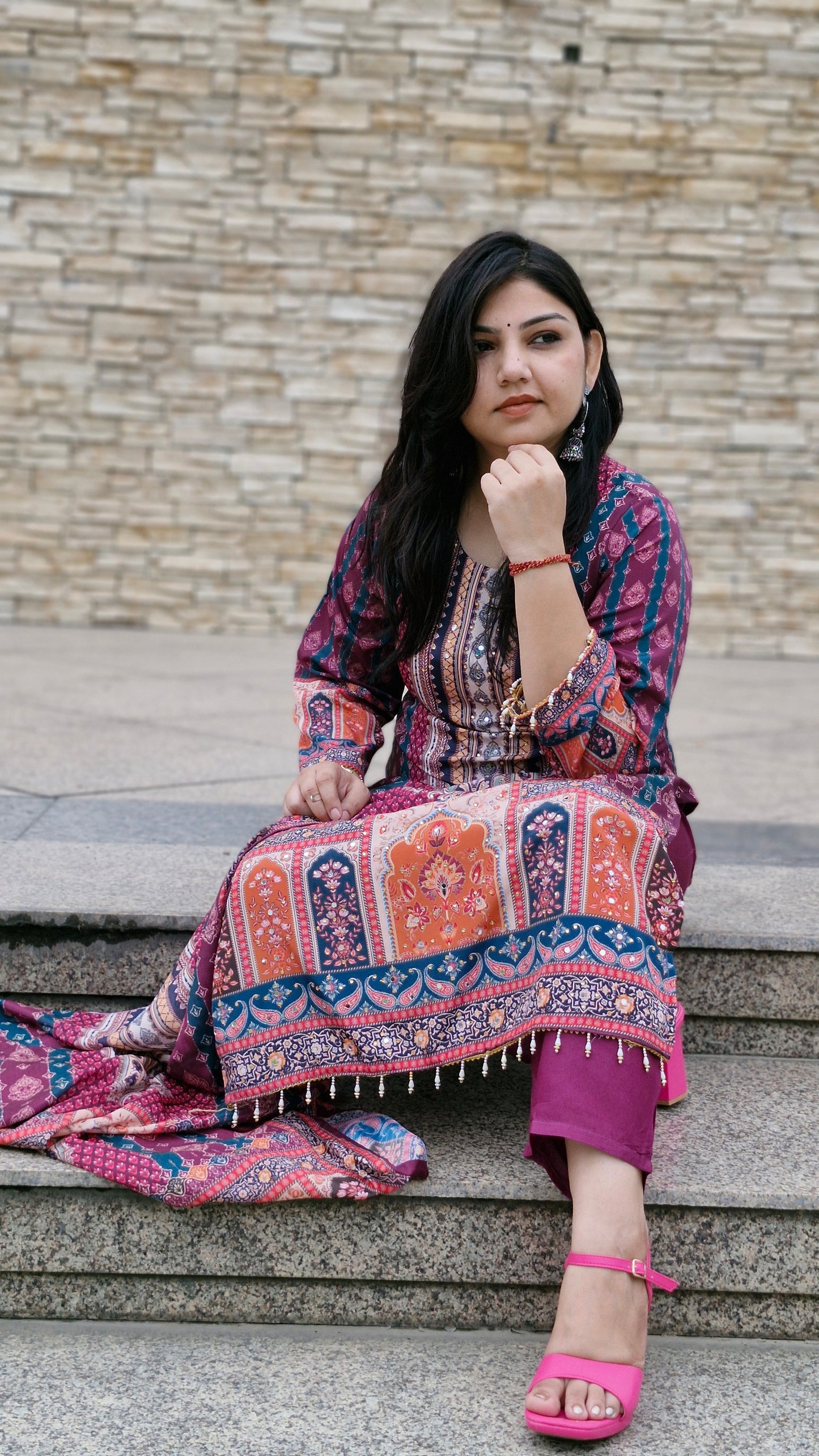 Magenta Multi-Print Dola Silk Suit Set