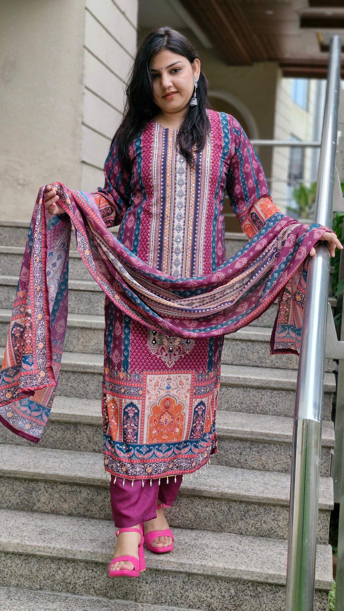 Magenta Multi-Print Dola Silk Suit Set