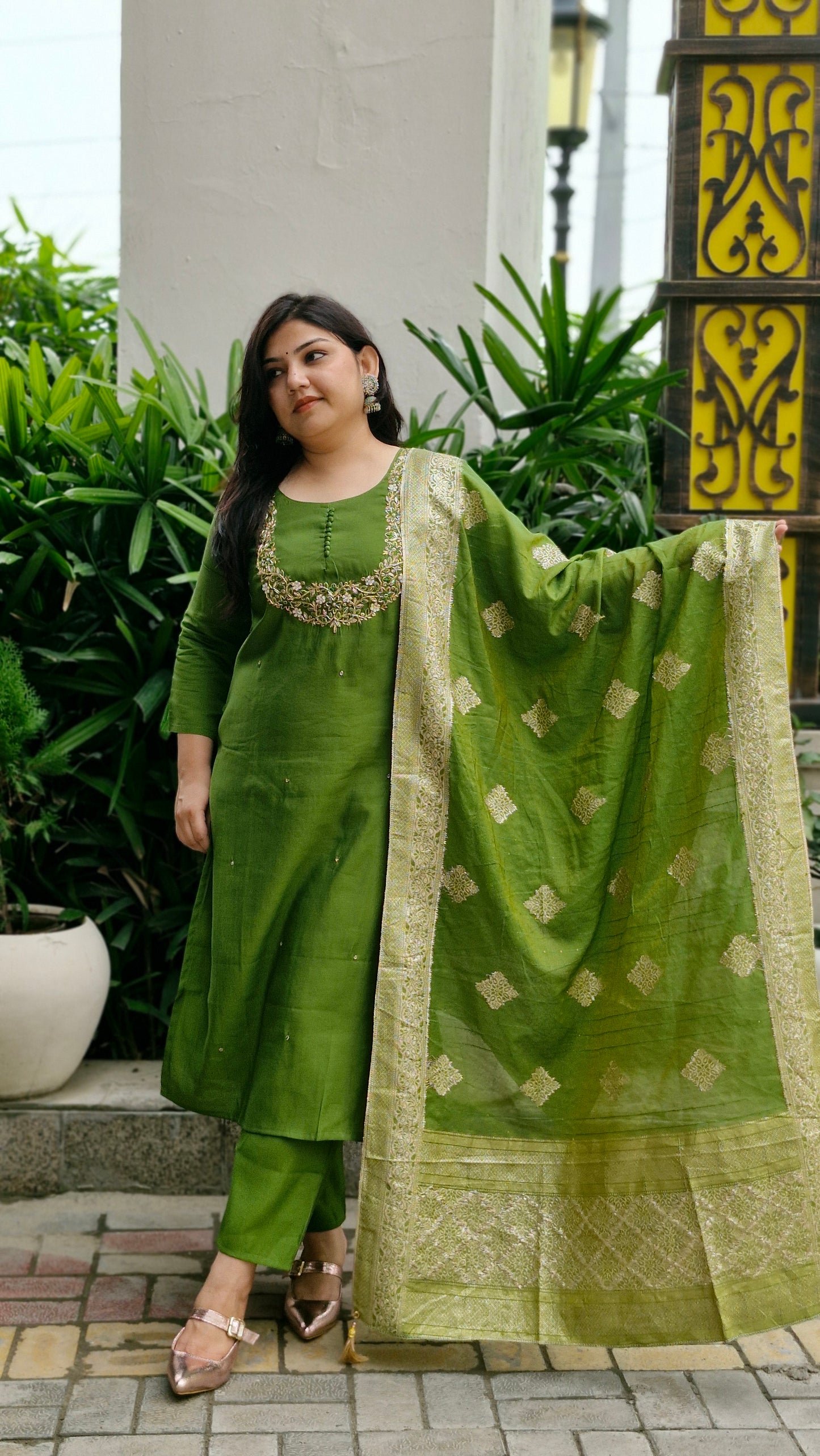 Olive Green Dola Silk Embroidered Suit Set