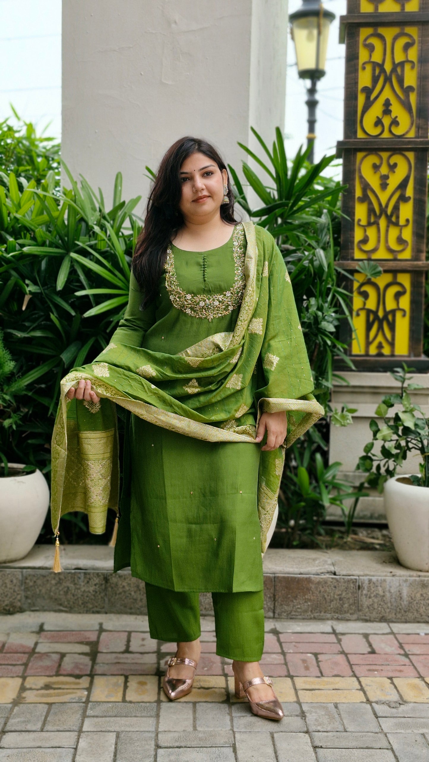 Olive Green Dola Silk Embroidered Suit Set