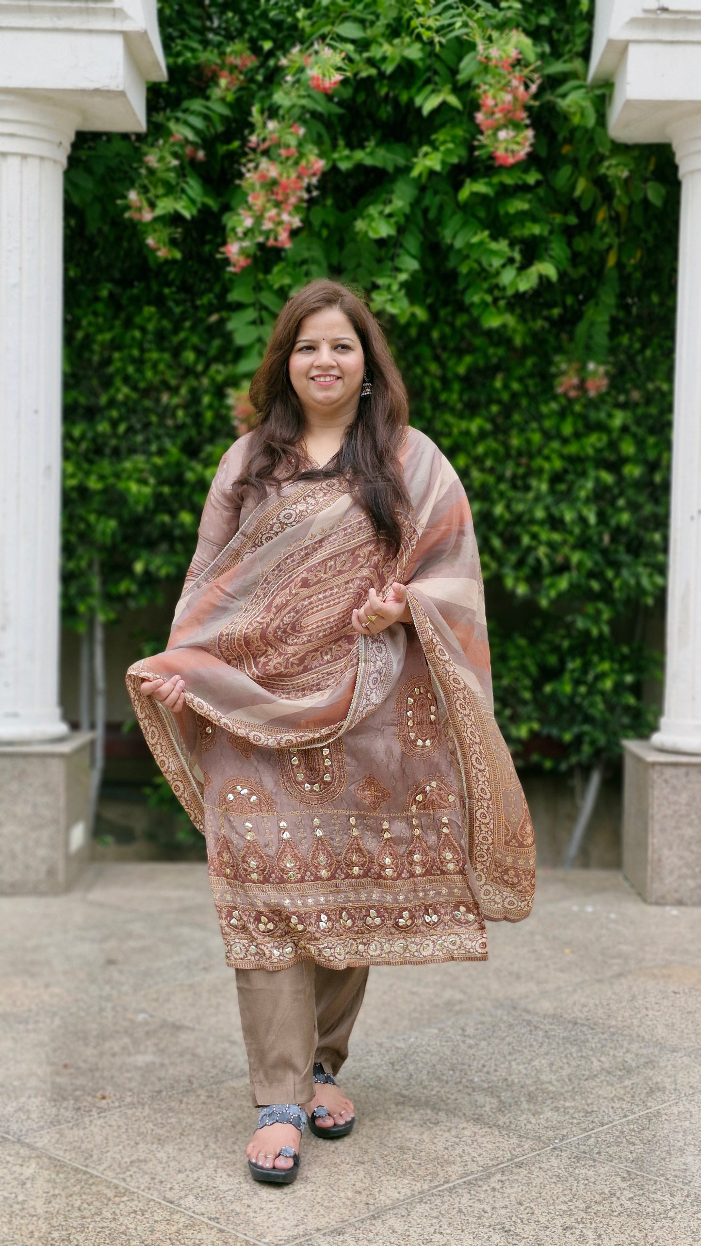 Golden Brown Embroidered tissue Silk Suit Set