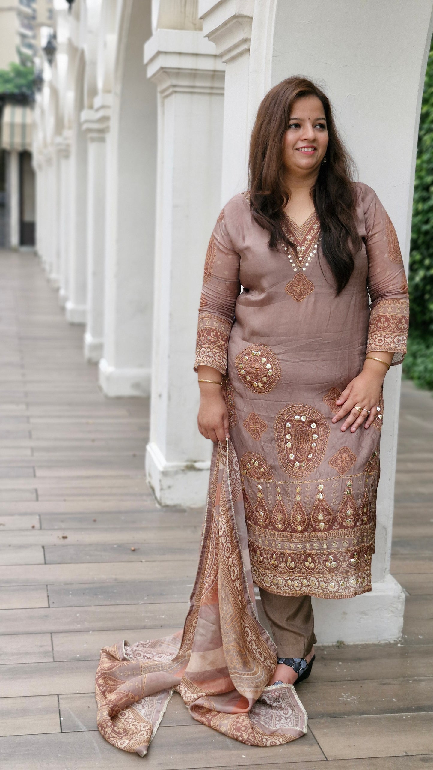 Golden Brown Embroidered tissue Silk Suit Set