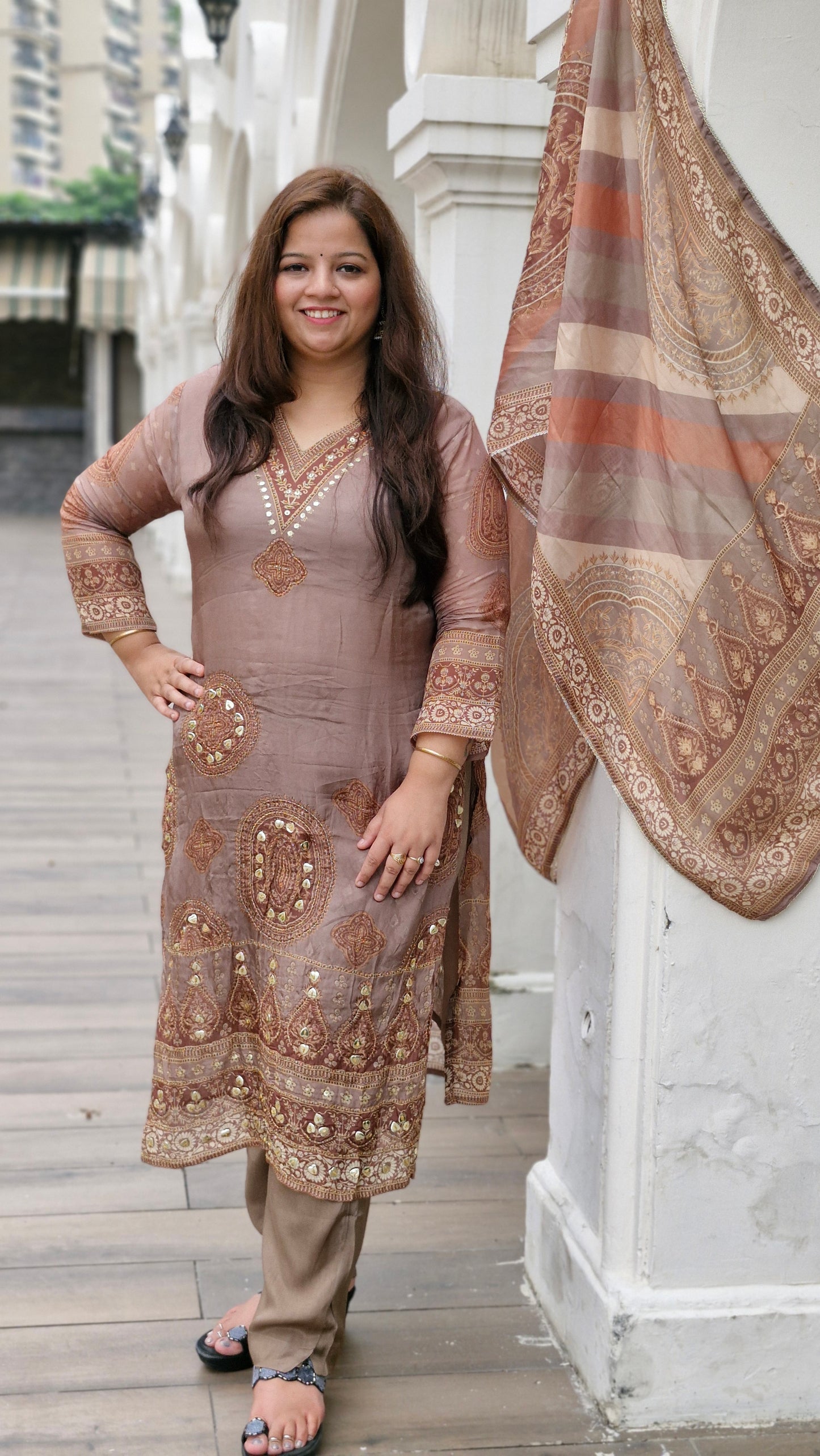 Golden Brown Embroidered tissue Silk Suit Set