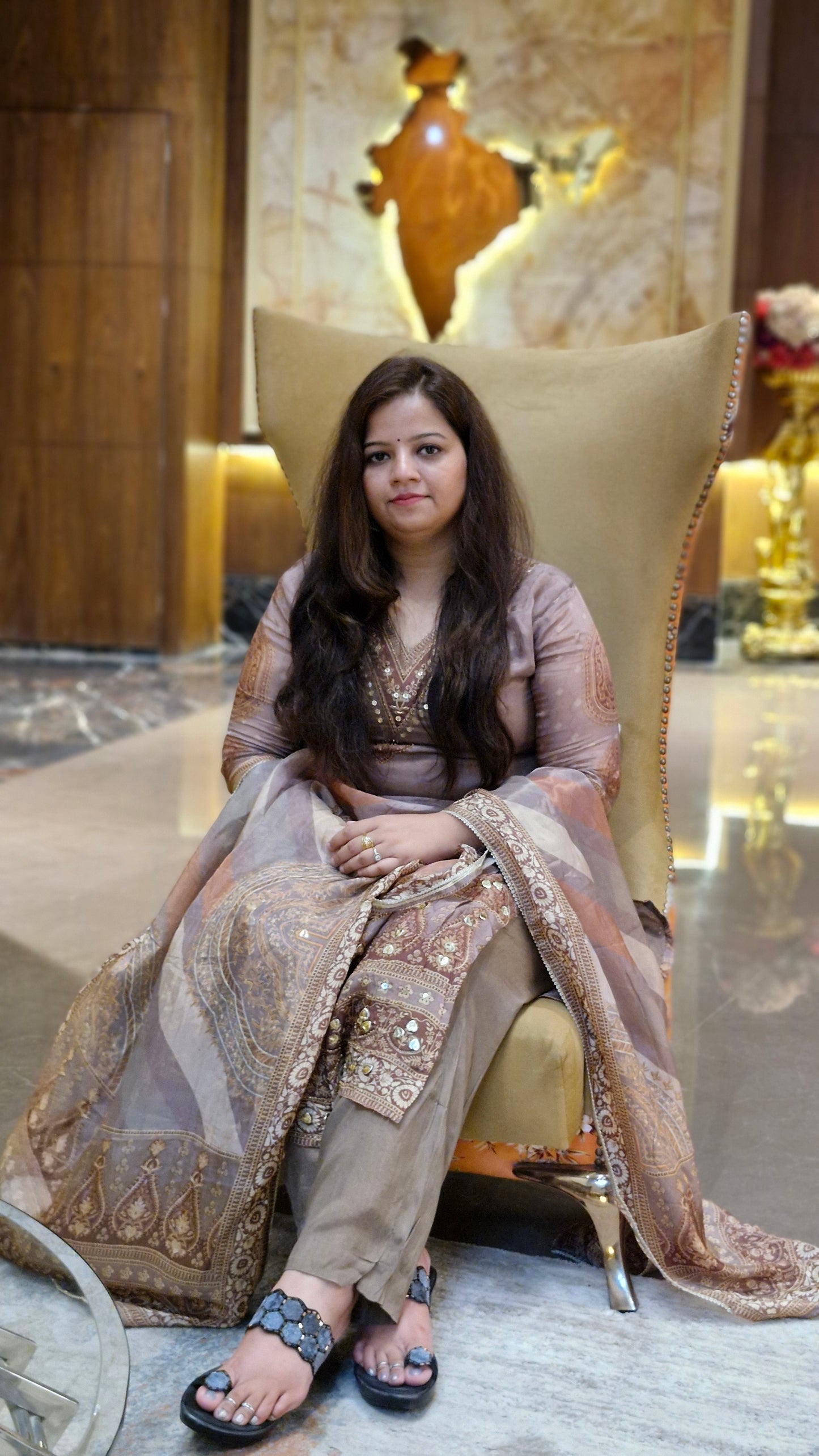 Golden Brown Embroidered tissue Silk Suit Set