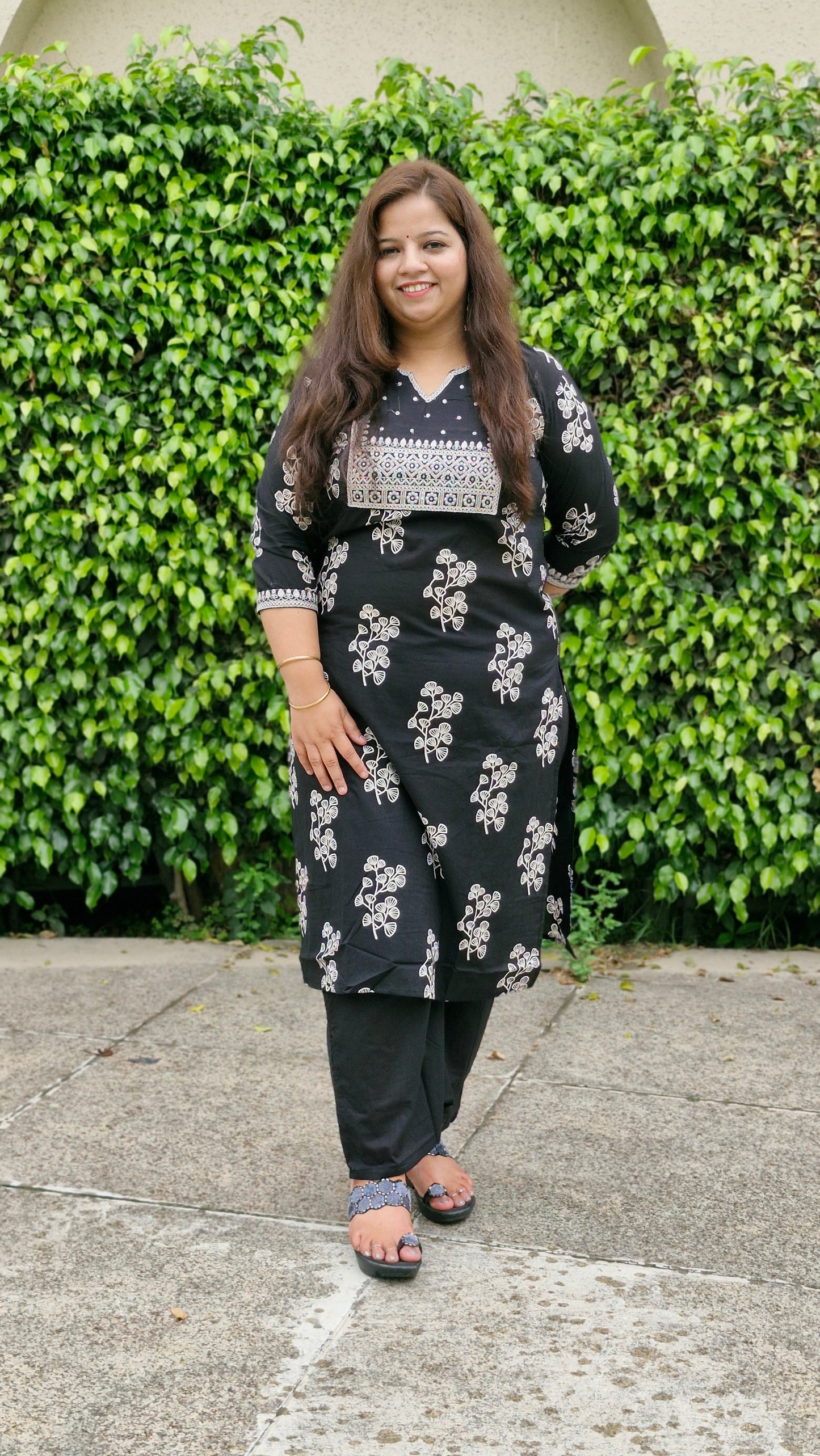 Elegant Black and White Printed Cotton Suit Set