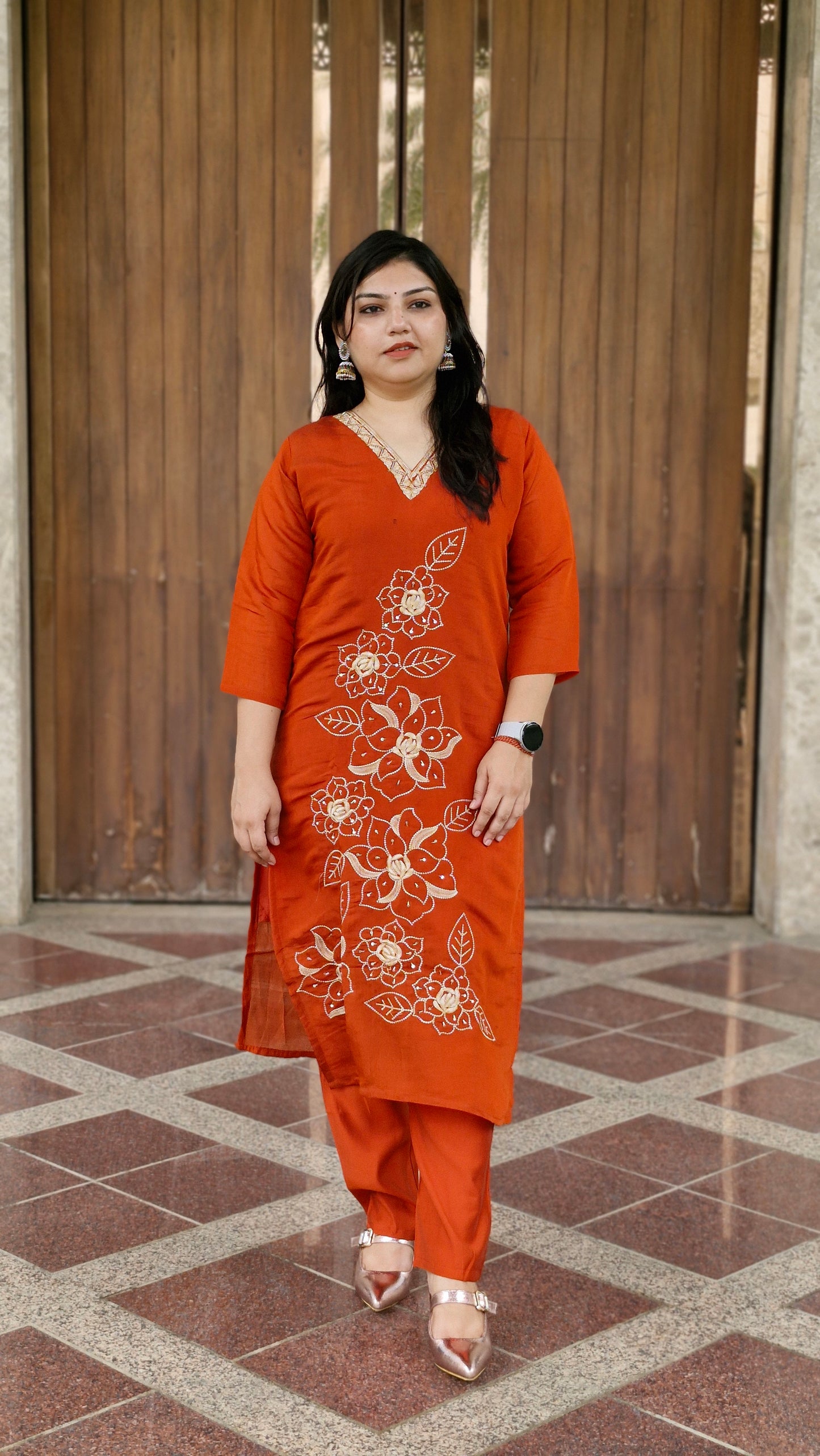 Rust Red Embroidered Cotton Suit Set