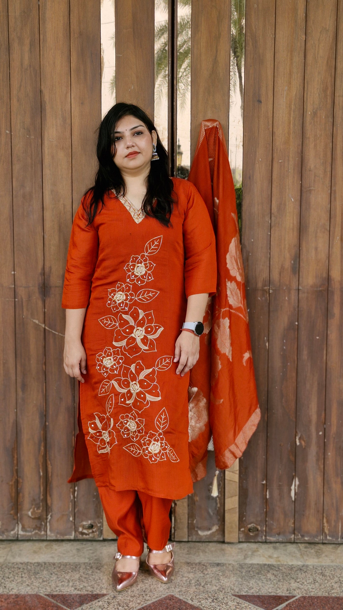 Rust Red Embroidered Cotton Suit Set