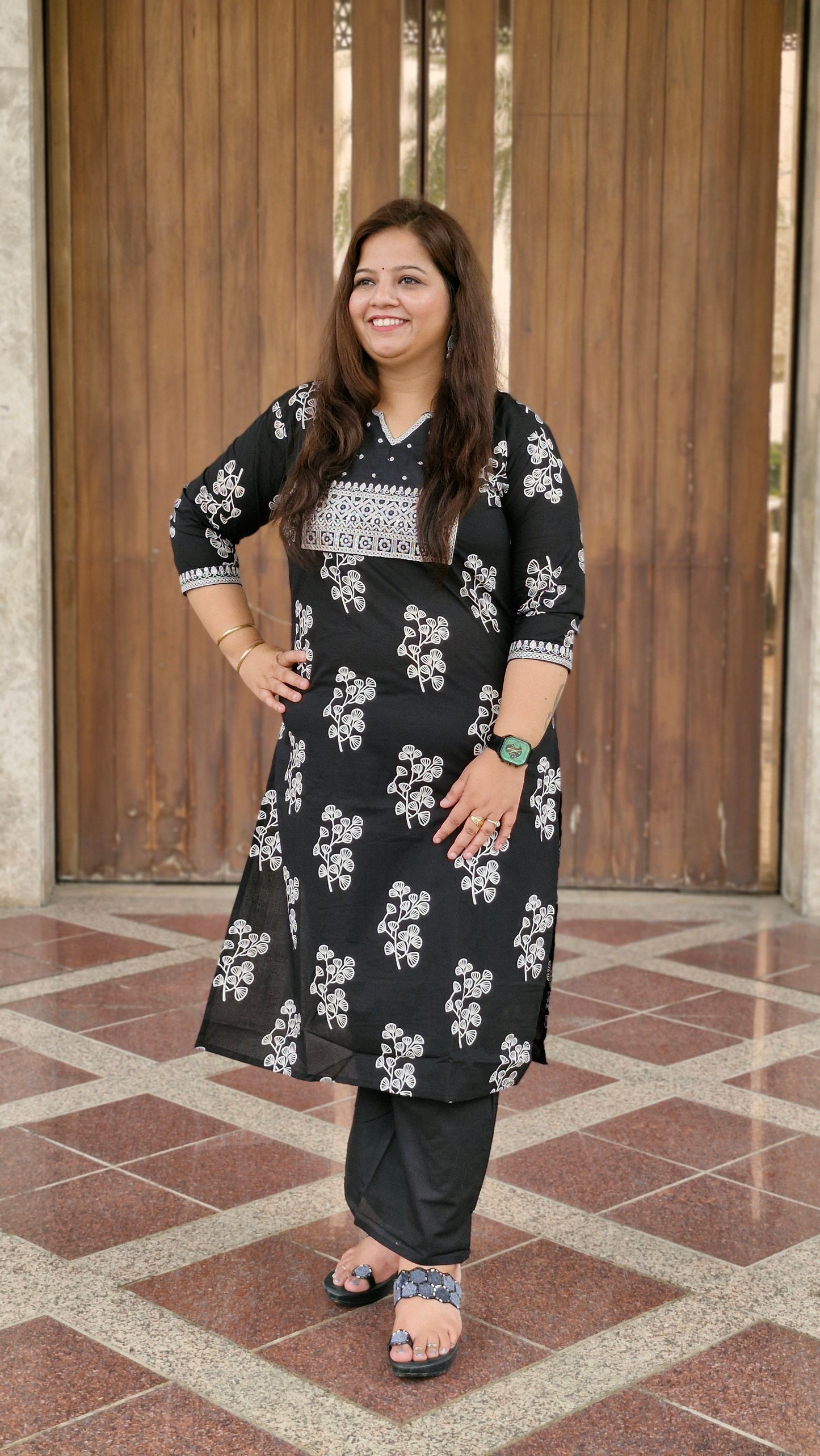 Elegant Black and White Printed Cotton Suit Set