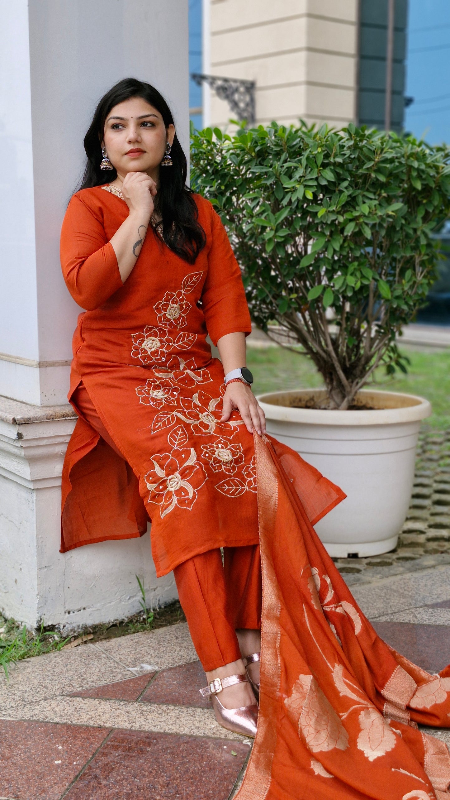 Rust Red Embroidered Cotton Suit Set