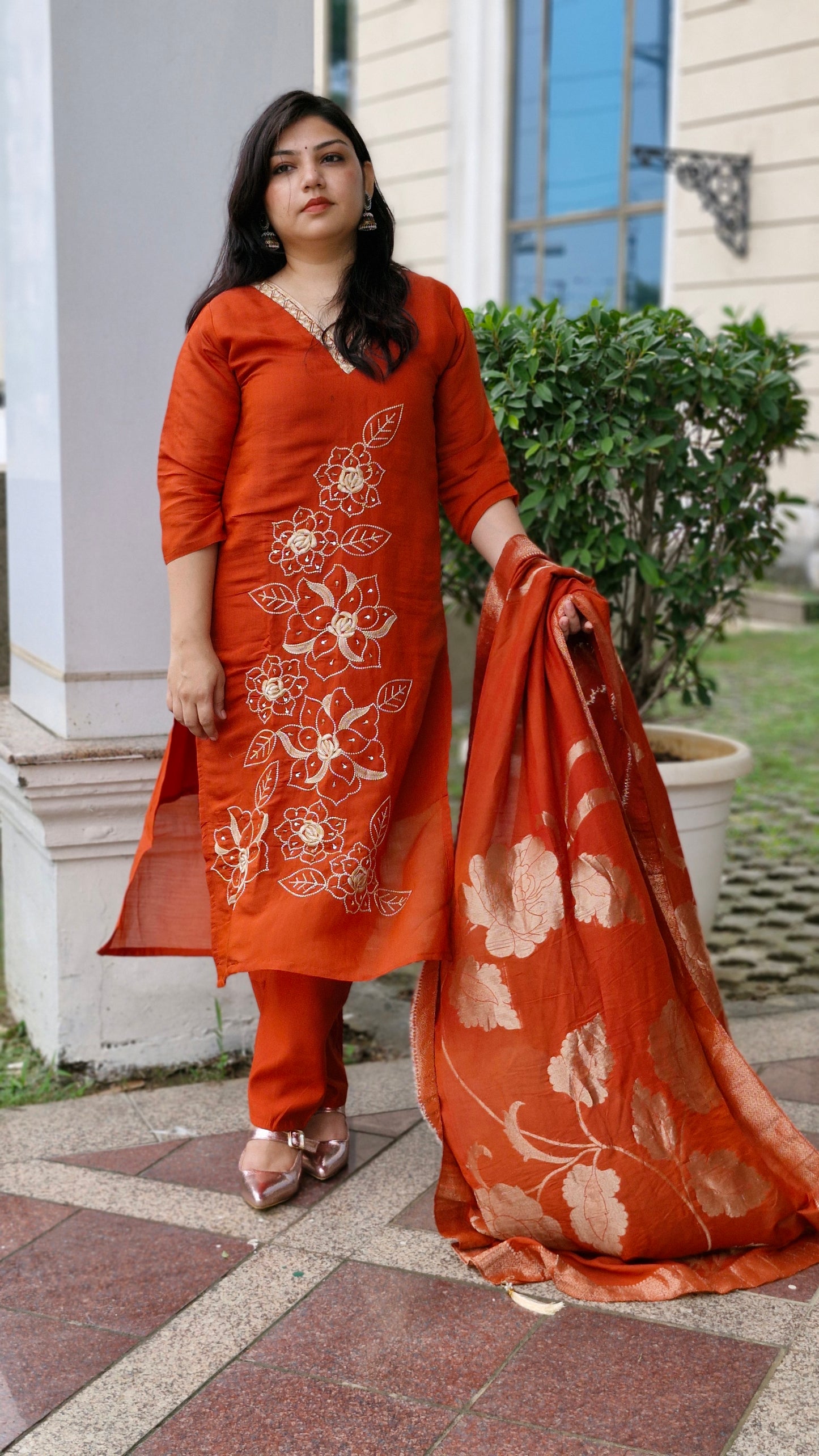 Rust Red Embroidered Cotton Suit Set