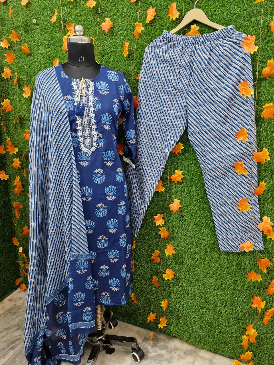 Royal Blue Floral Printed Suit with Striped Dupatta