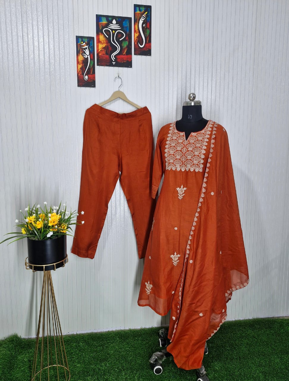 Rust Orange Elegance Embroidered Suit Set