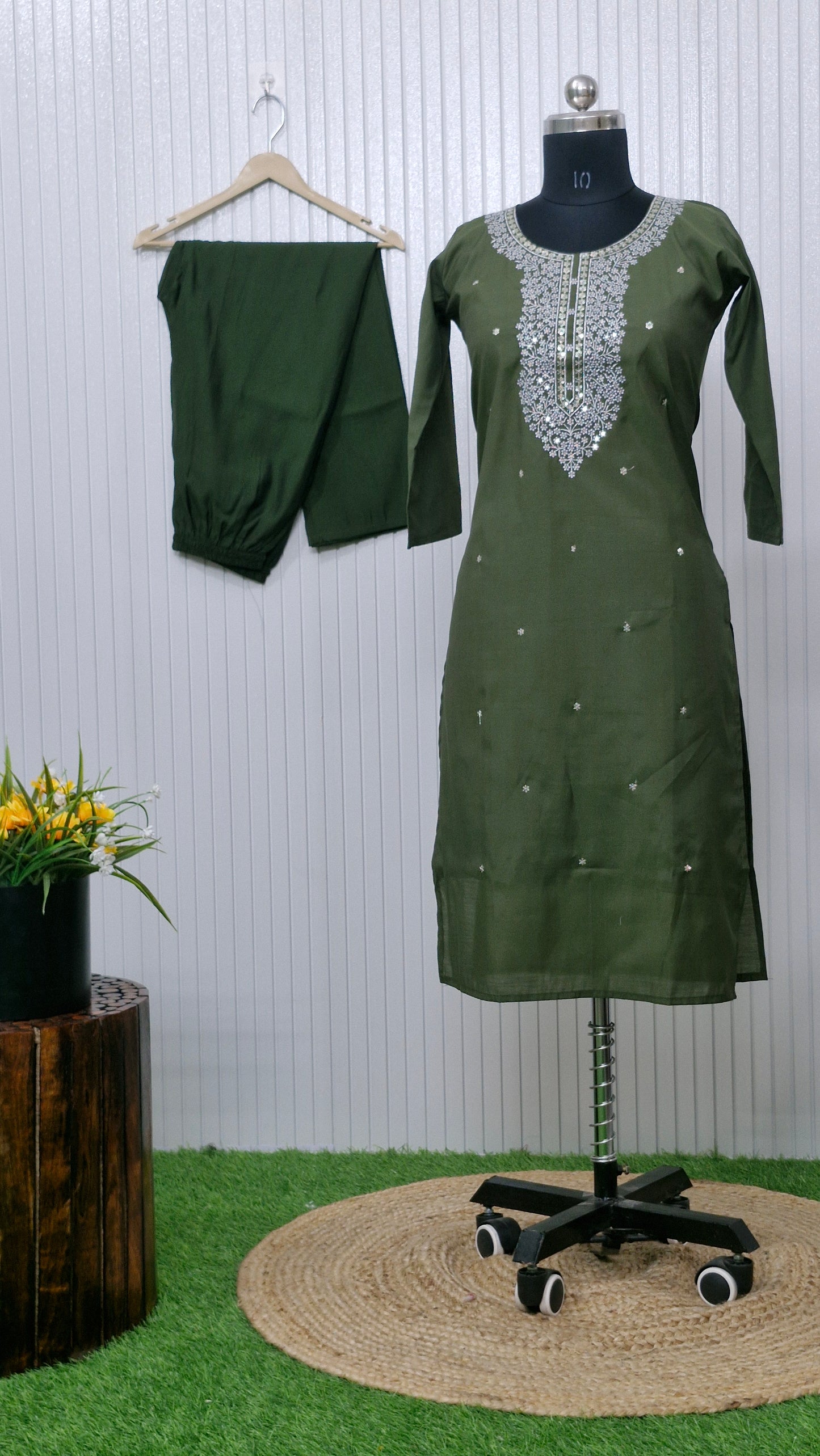 Olive Bloom Mirror Work Suit Set