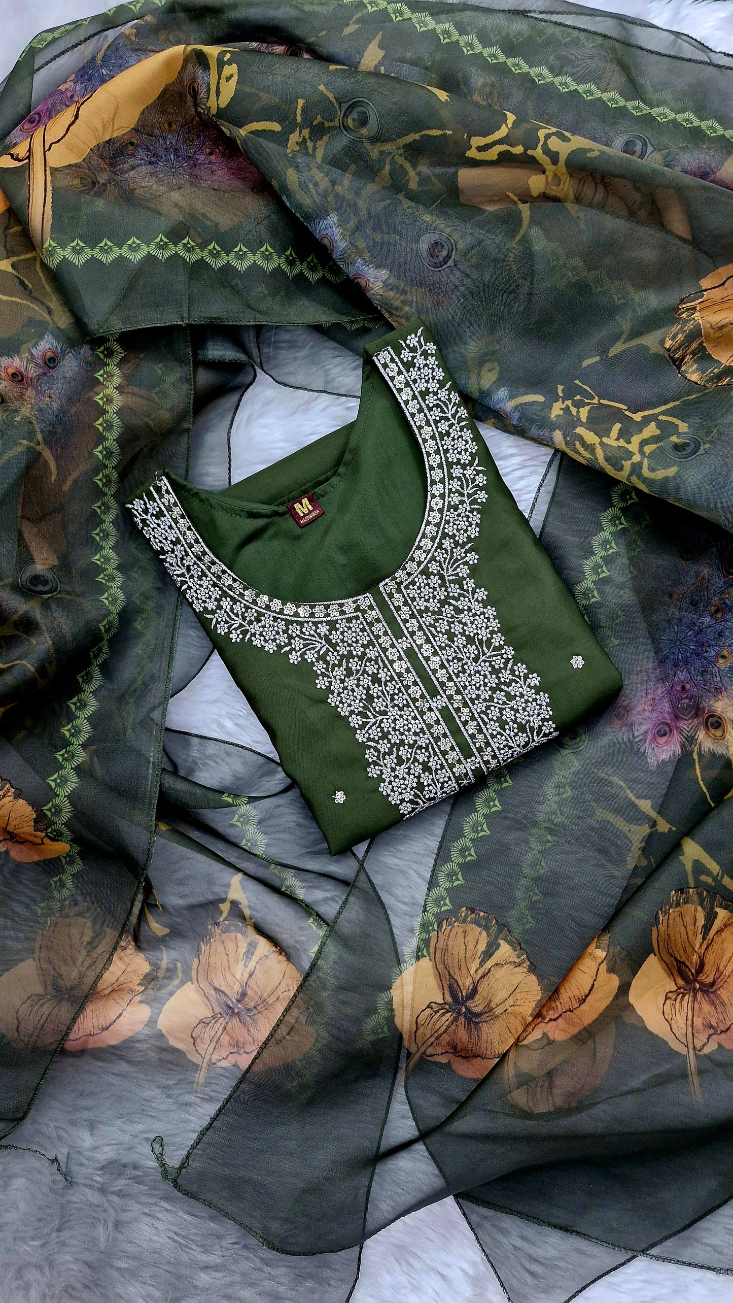 Olive Bloom Mirror Work Suit Set