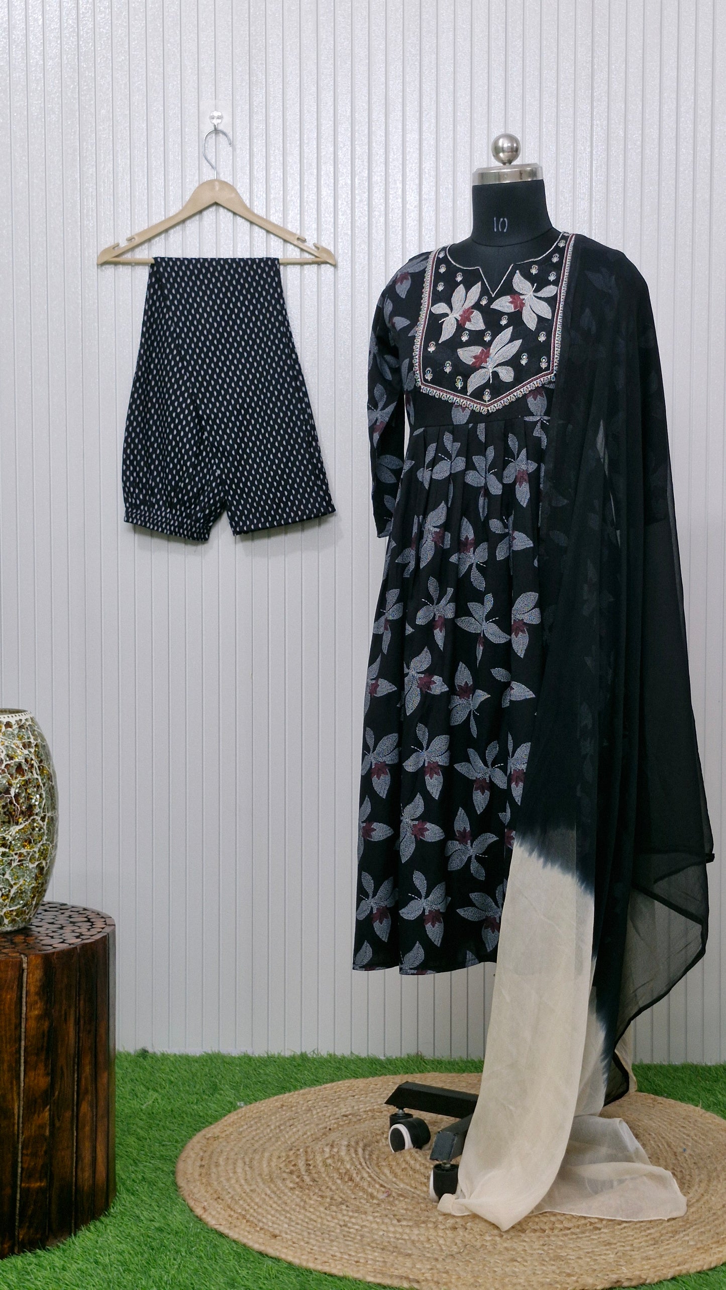 Black Bloom Printed Anarkali Suit Set