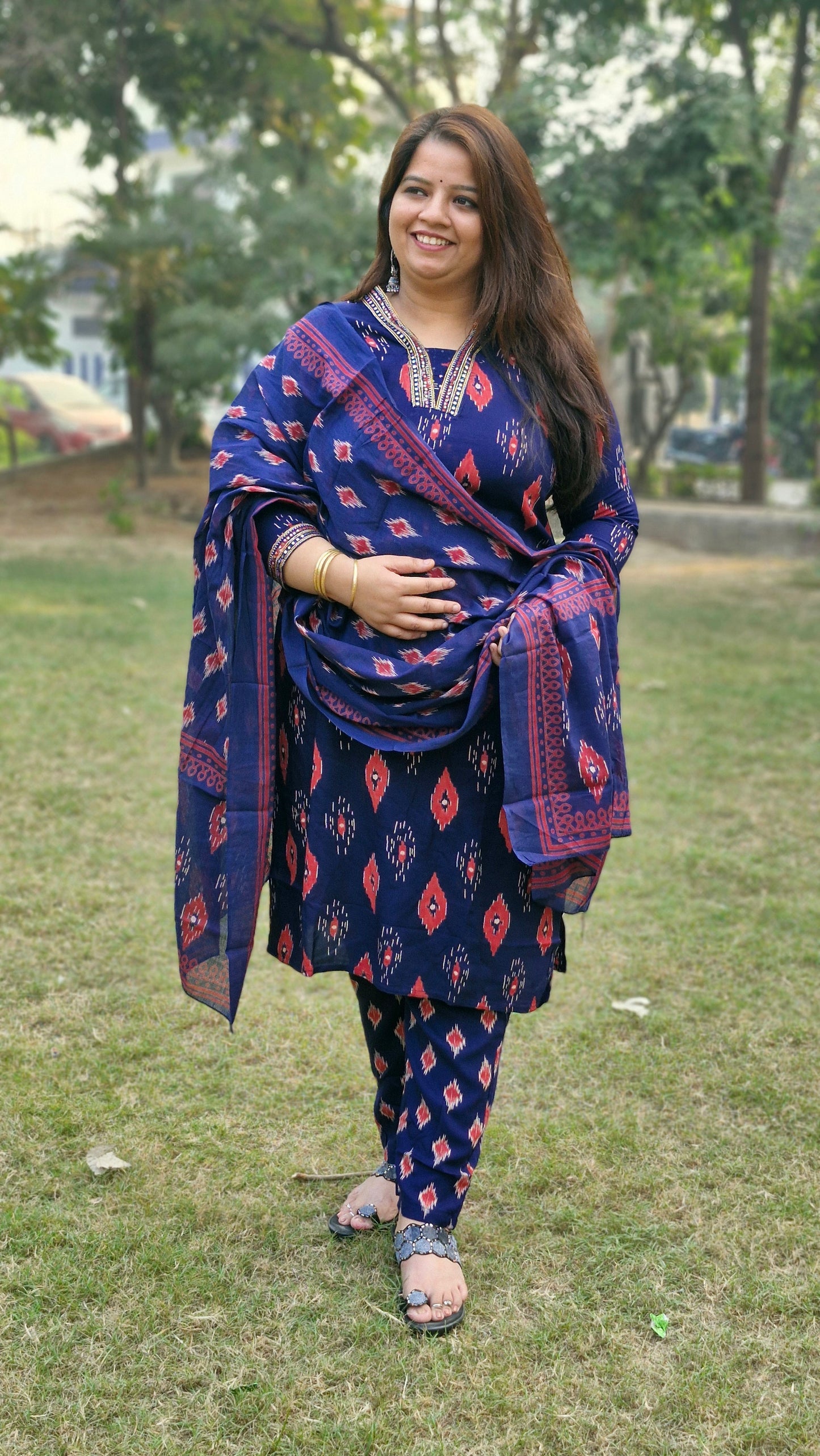 Navy Blue Cotton Three-Piece Suit with Embroidered Neckline