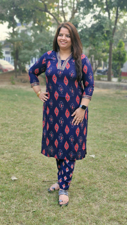 Navy Blue Cotton Three-Piece Suit with Embroidered Neckline