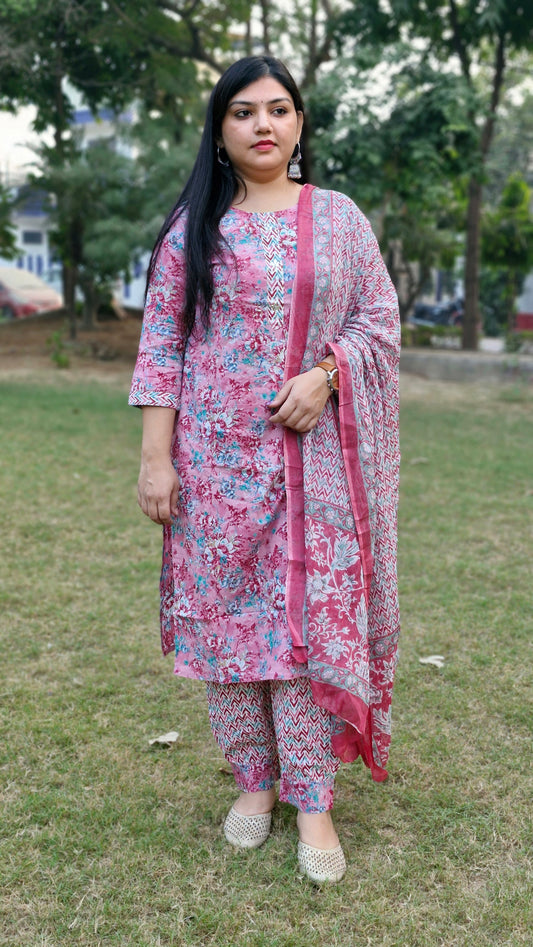 Floral Light Pink Floral Cotton Three-Piece Suit