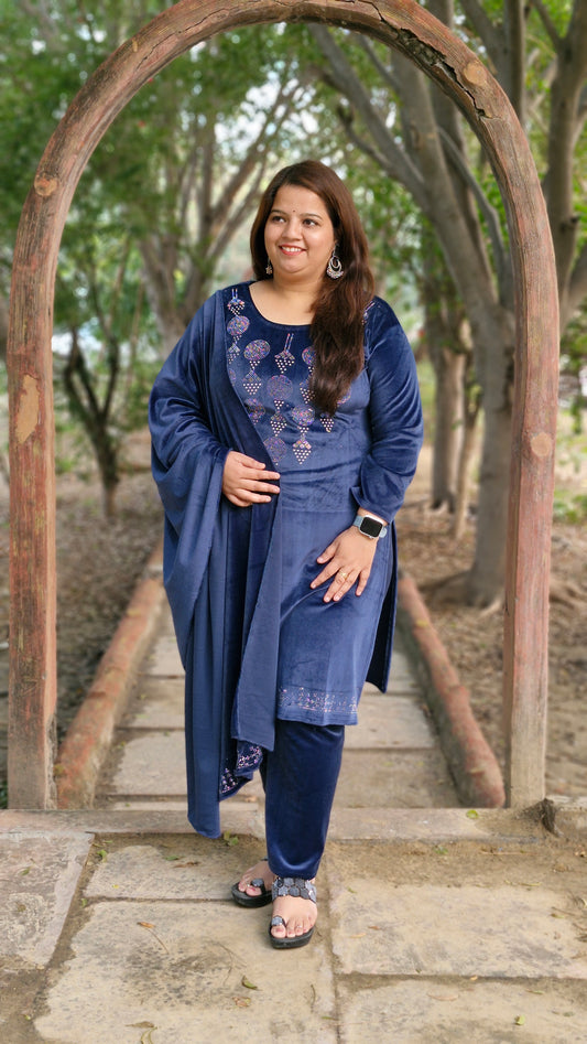 Elegant Blue Velvet Three-Piece Suit