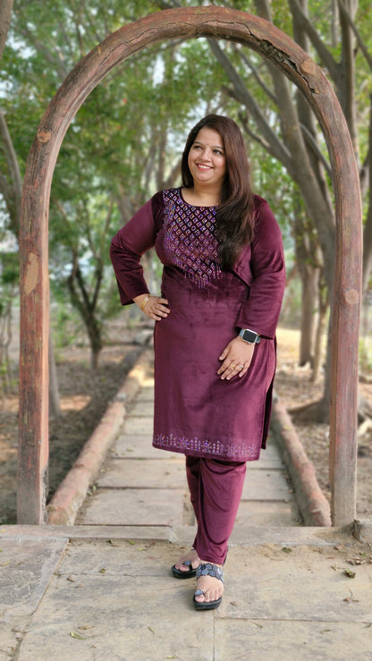 Elegant Three-Piece Woolen velvet suit in Purple