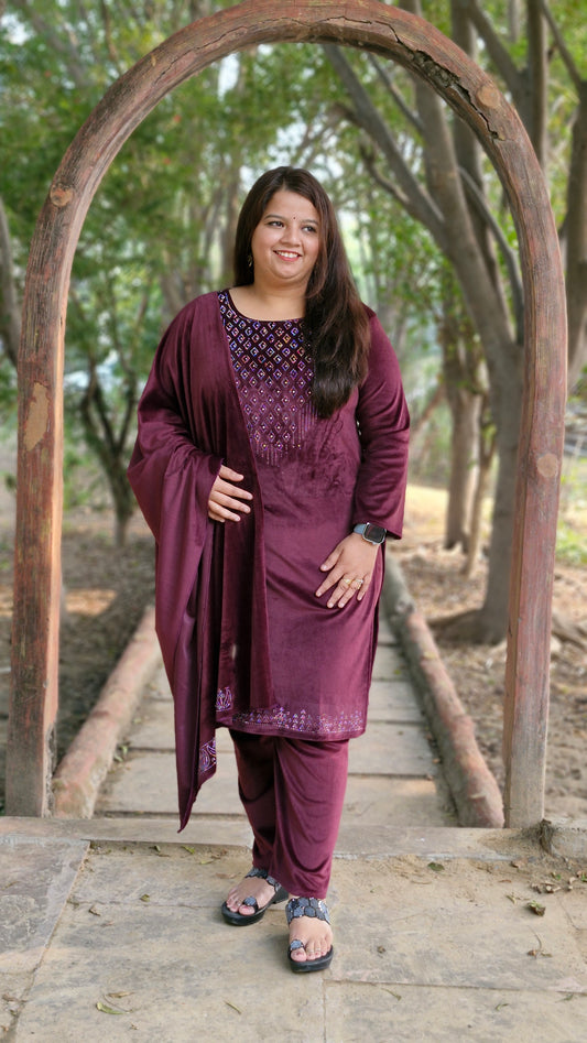 Elegant Three-Piece Woolen velvet suit in Purple