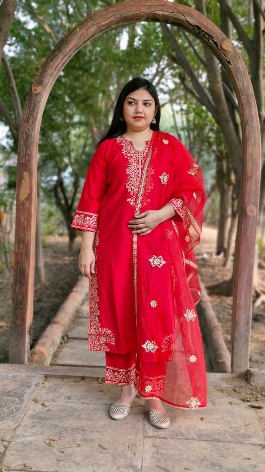 Red Dola Silk Three-Piece Suit with Kashmiri Embroidery