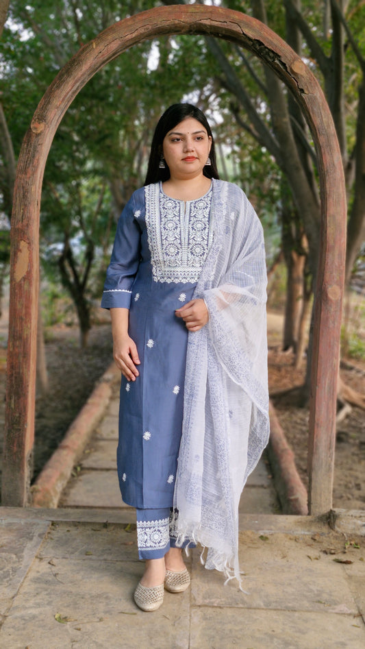 Steel Blue Dola Silk Suit with White Embroidery and Lace Work
