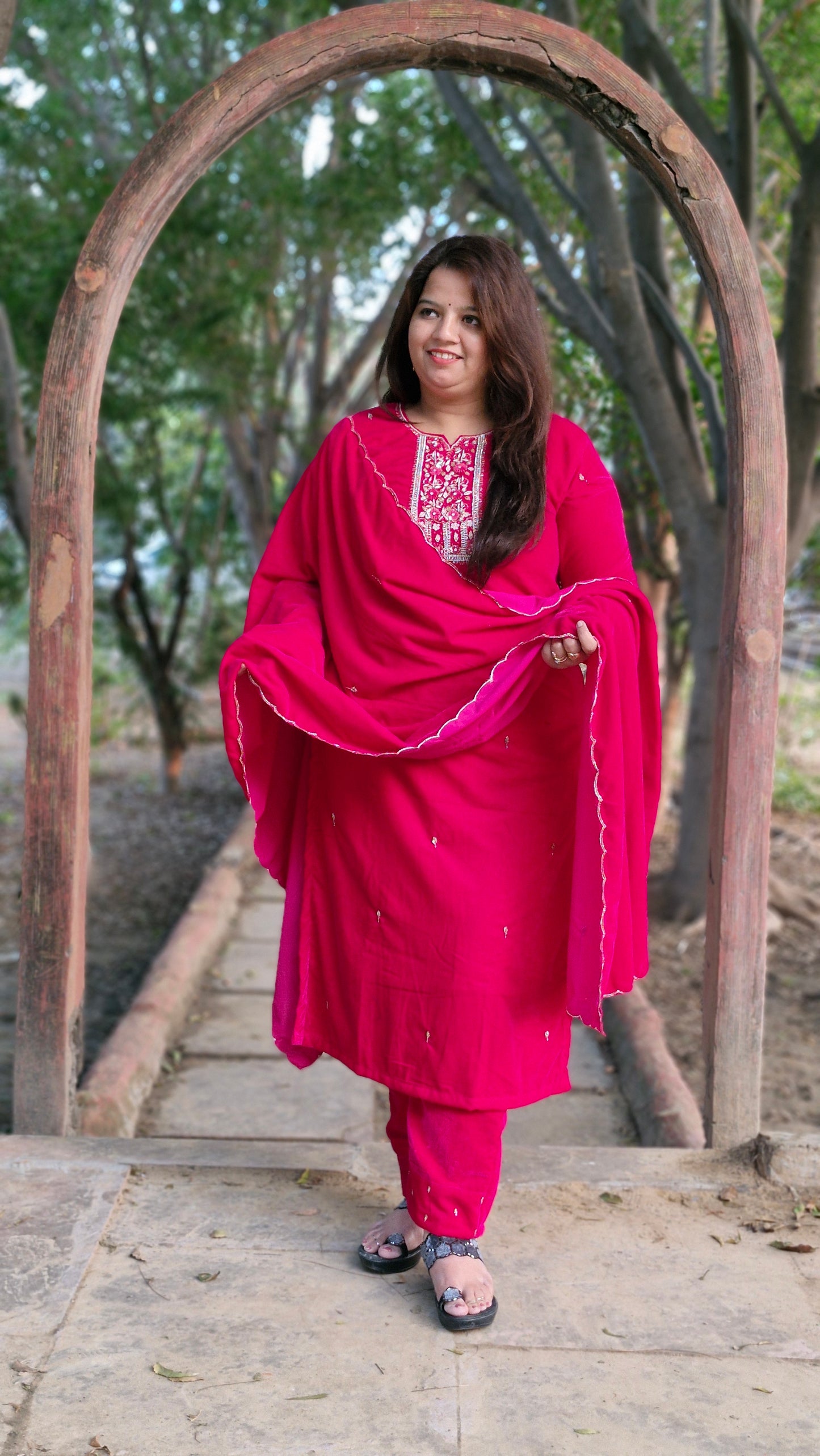 Magenta Velvet Embroidered Three-Piece Suit Set