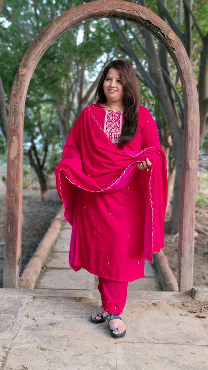 Magenta Velvet Embroidered Three-Piece Suit Set