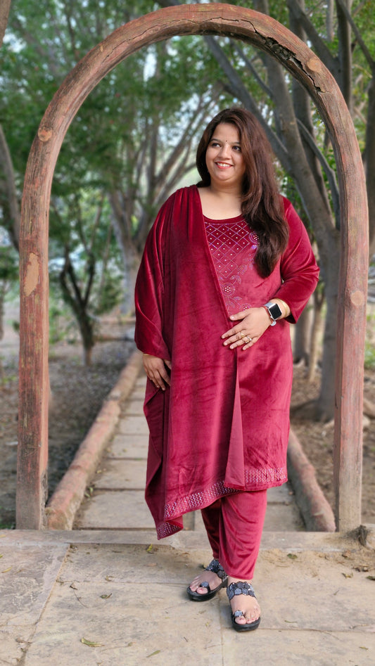 Luxurious Three-Piece woolen velvet suit in Mehroon